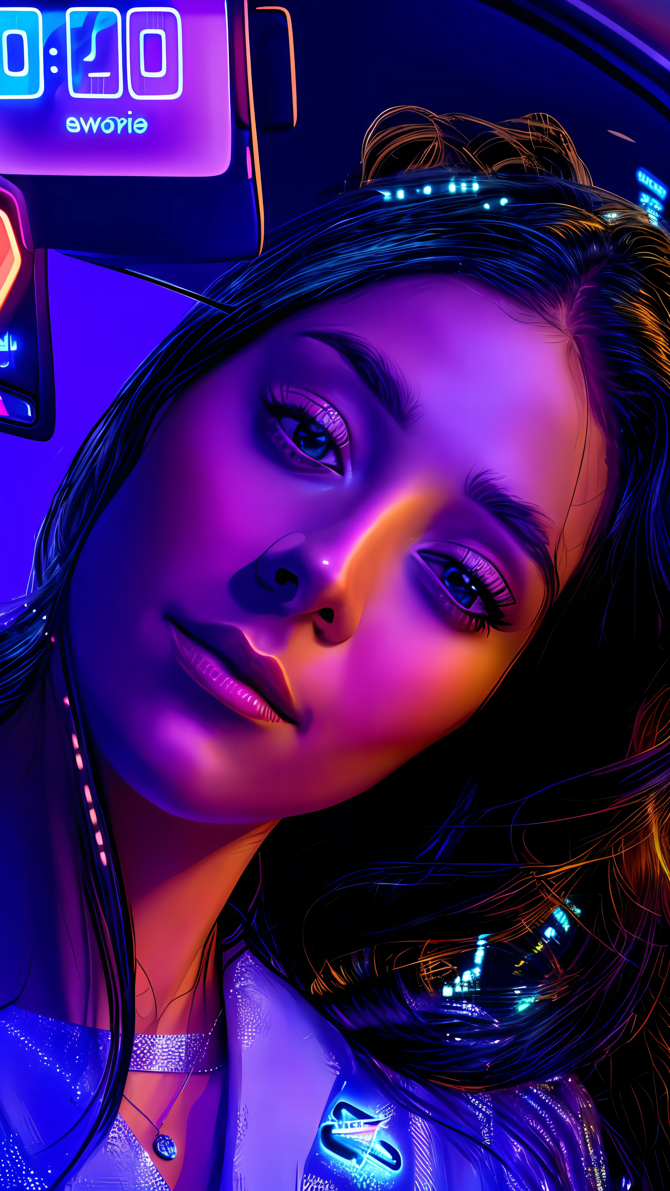 there is a woman taking a picture of herself in a car, glowwave girl portrait, stunning digital illustration, realistic digital art 4 k, realistic digital art 4k, 8 k realistic digital art, hyperrealistic digital painting, 4k highly detailed digital art, photorealistic digital arts, cyberpunk art ultrarealistic 8k, digital art. artstation, beautiful digital artwork