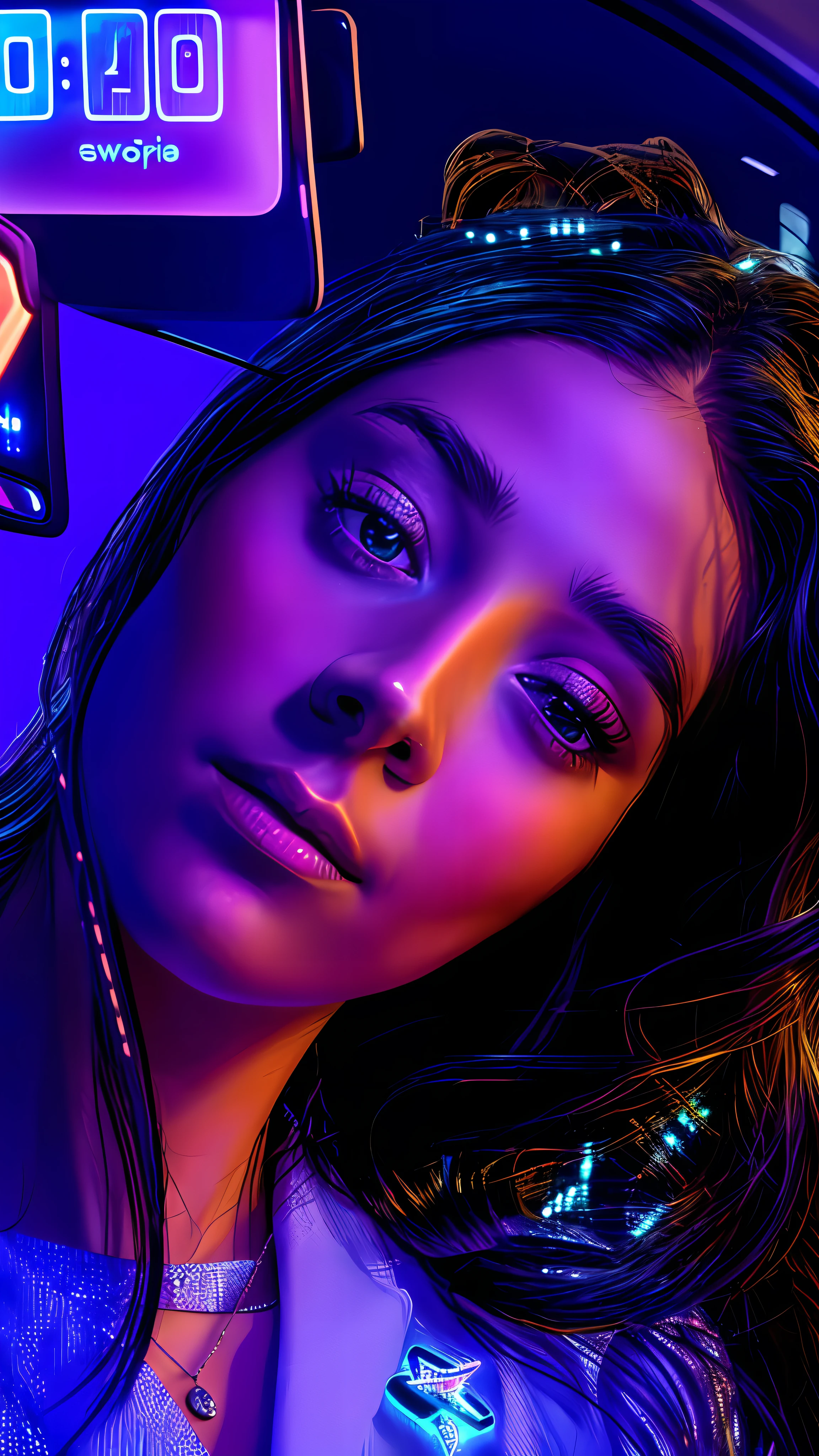 there is a woman taking a picture of herself in a car, glowwave girl portrait, stunning digital illustration, realistic digital art 4 k, realistic digital art 4k, 8 k realistic digital art, hyperrealistic digital painting, 4k highly detailed digital art, photorealistic digital arts, cyberpunk art ultrarealistic 8k, digital art. artstation, beautiful digital artwork