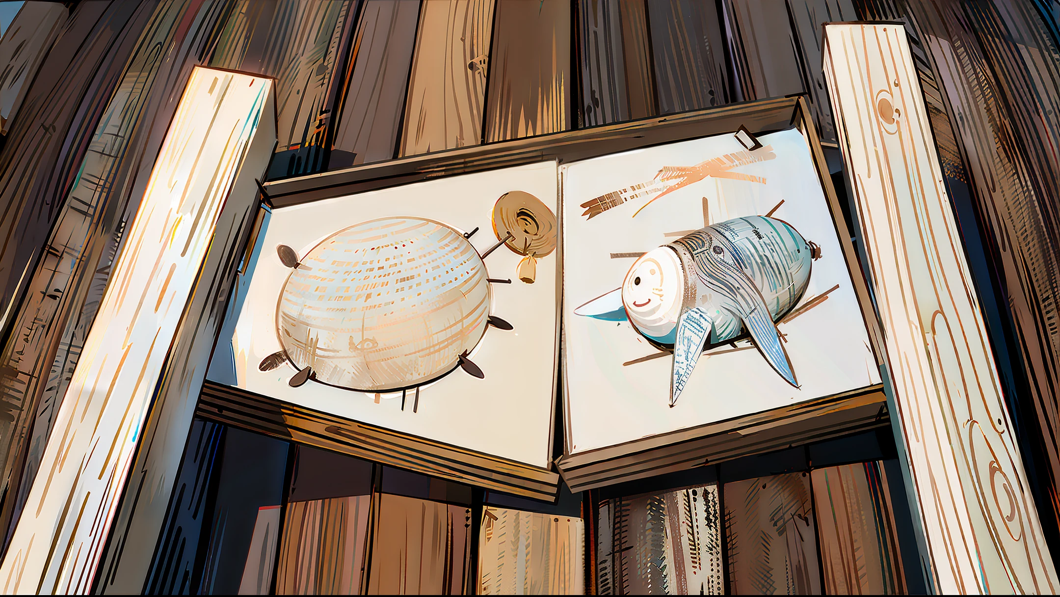 A rustic wooden plank with drawings of tribes