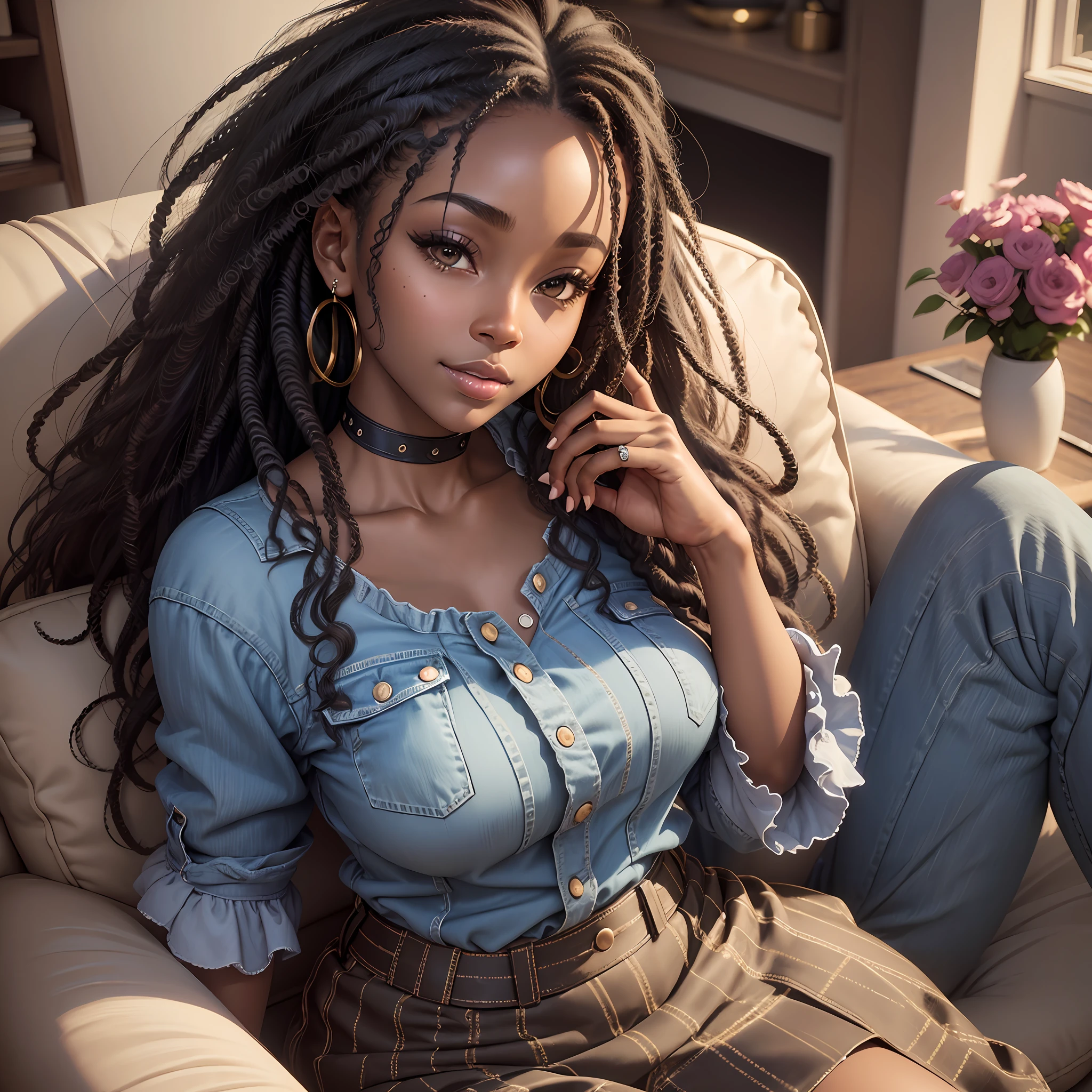 realistic portrait of a beautiful 9 month old African American baby girl ((dark skin color)) writing in a notebook, ((chibi)), cute smile, ((sitting on a sofa in living room)), blouse and jeans , current fashion , mega long curly hair, ((kanekalon)), (cinematic Contour lighting), close-up, product preview, detailed facial details, perfect face, sharpness, trend art, sharp facial details, cgsociety , very high quality digital artwork, exquisite hyper detail , 4k, 3D, 8k soft lighting, dreamy --iso 100, fashion --ar 9:16 --auto --s2