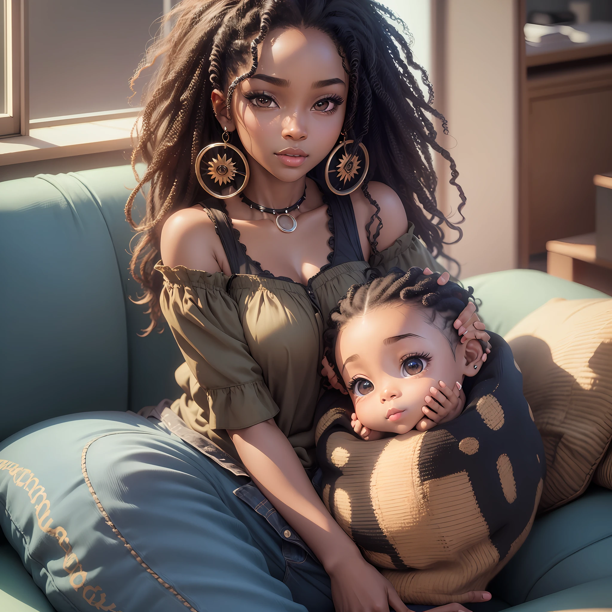 realistic portrait of a beautiful 9 month old African American baby girl ((dark skin color)) writing in a notebook, ((chibi)), cute smile, ((sitting on a sofa in living room)), blouse and jeans , current fashion , mega long curly hair, ((kanekalon)), (cinematic Contour lighting), close-up, product preview, detailed facial details, perfect face, sharpness, trend art, sharp facial details, cgsociety , very high quality digital artwork, exquisite hyper detail , 4k, 3D, 8k soft lighting, dreamy --iso 100, fashion --ar 9:16 --auto --s2