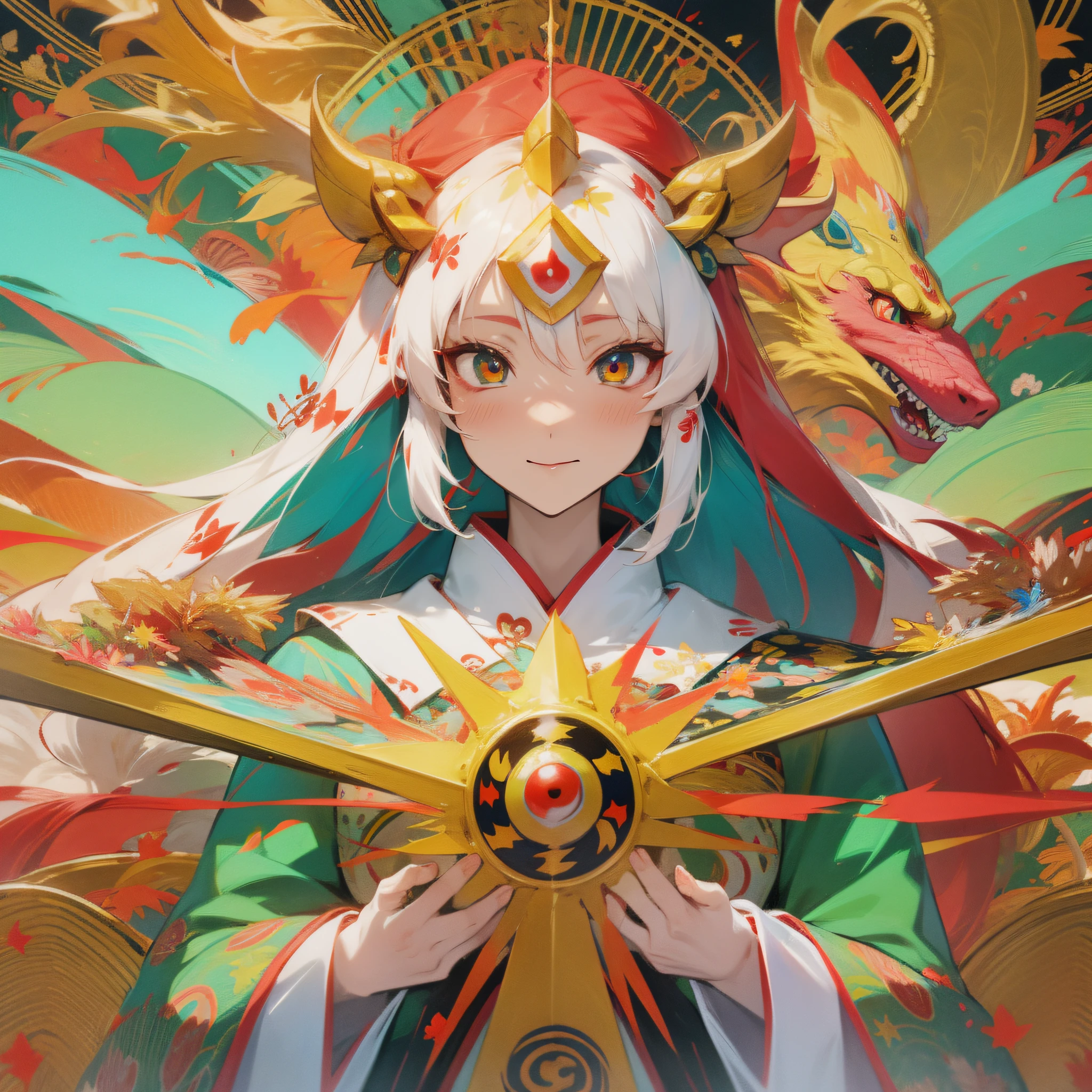 Concept Art, Portrait of Amaterasu Becoming a Dragon from Japan Mythology, Charming Priestess, Wearing a Business Suit, Red-haired, Sun God, Ryujin, Anime Girl, Green and Yellow Odd-Eyed, Kaleidoscope Beautiful Eyes, Shining Like the Sun, Superstar, NFT Art, Ethereum, Using Only Synthewave Color Palette, Kawaii, Retro Future, the most beautiful images, 4K, anime art