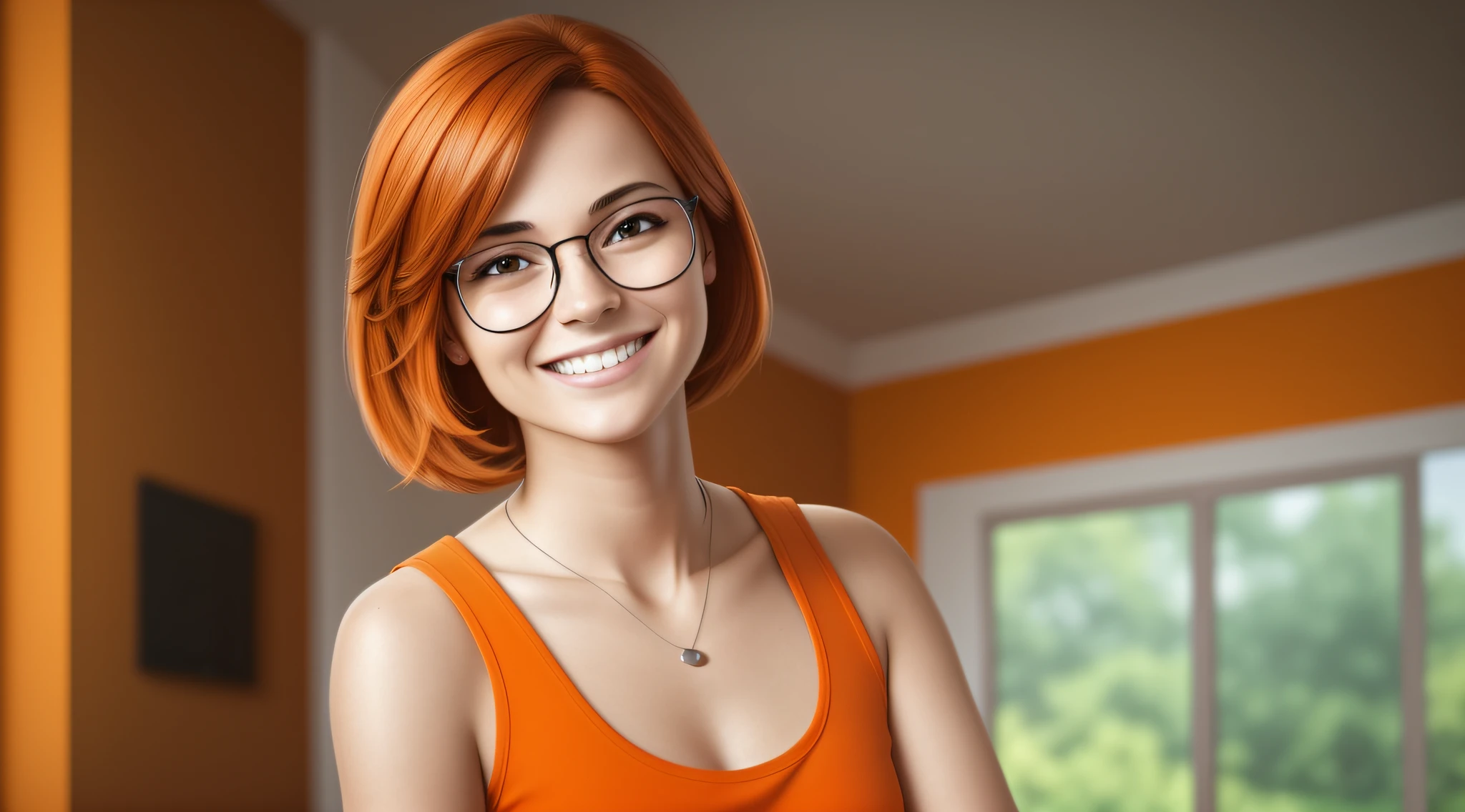 A 27-year-old female character wearing beautiful orange glasses and smiling wearing a plain orange mesh t-shirt, in an agency with orange walls, very short and spiky orange brown hair, slim body, looking at the camera, smiling, cinematic lighting, shallow depth of field, 8k UHD, DSLR, 35mm 1.8 lens, masterpiece, high quality,  photorealistic, realism, hyperrealism, art photography --auto --s2