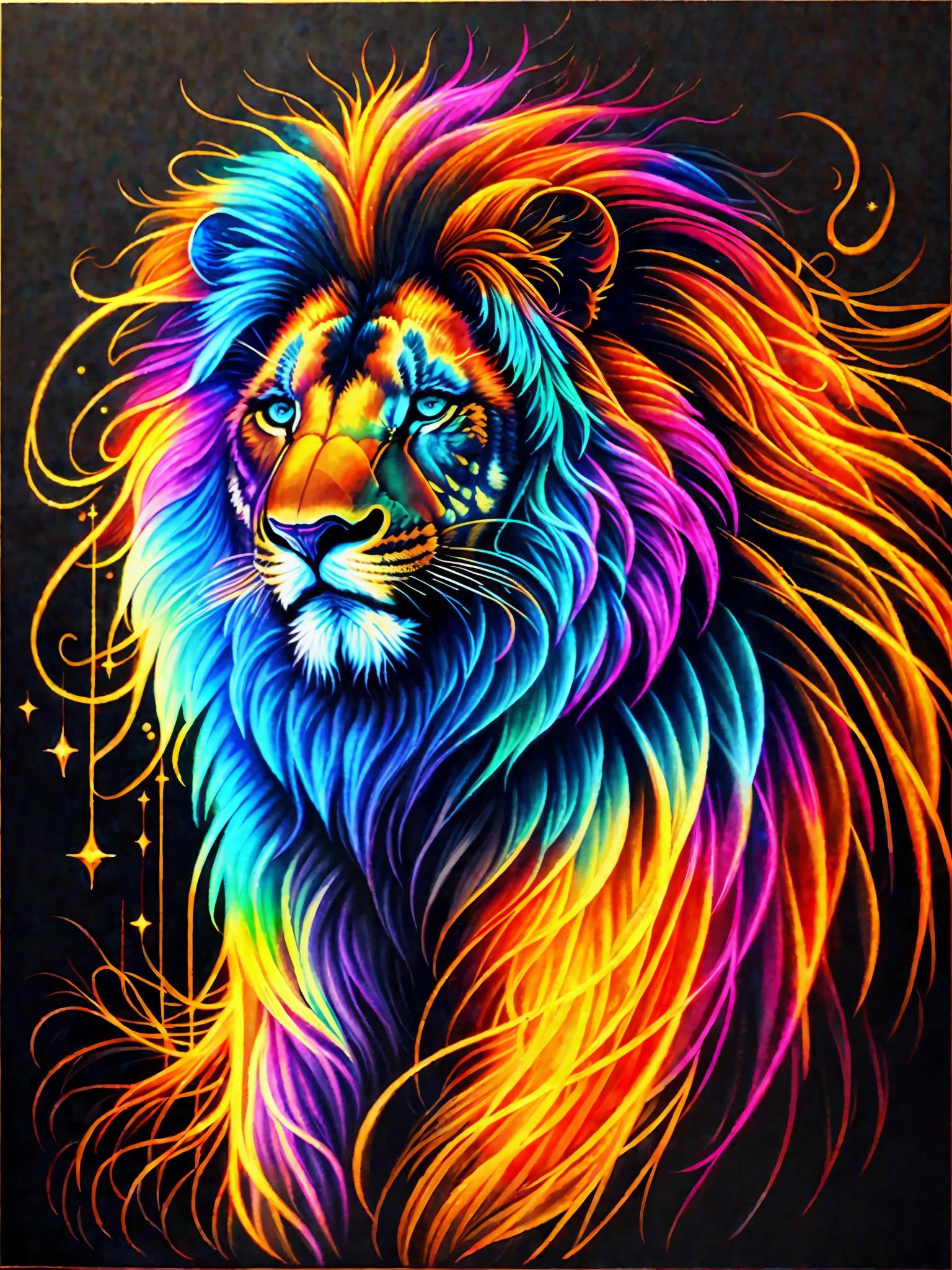 a painting of a colored lion on a black background, breathtaking rendering, within a radiant connection, inspired by Kinuko Y. Craft,, magical elements, wow, is beautiful, casting a multi colorful spell, bright flash, flash
