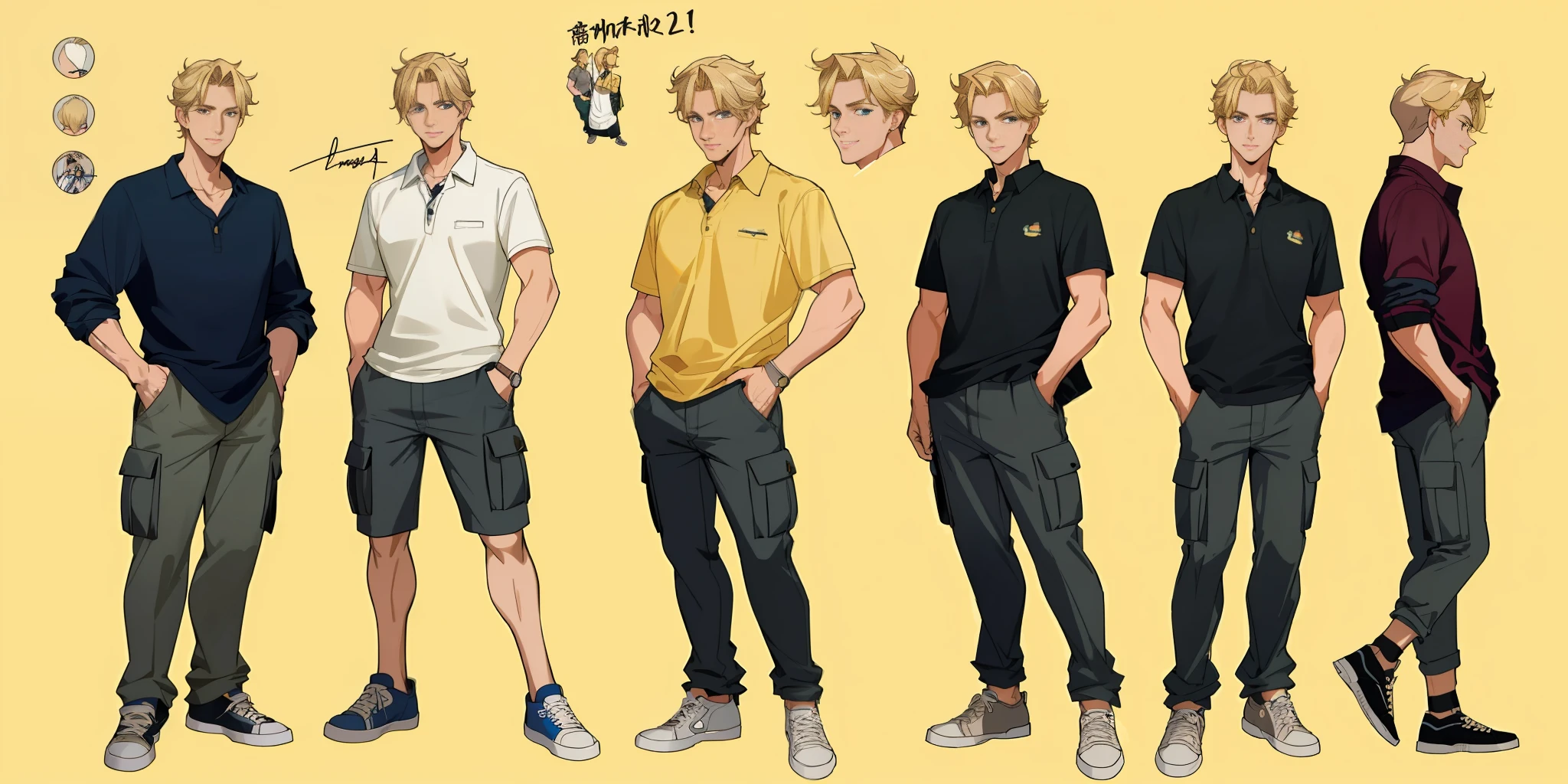 Best quality, 1 adult man, character sheet, concept art, (full body, masterpiece: 1.2), (best quality: 1.3), handsome Australian man, short blonde messy hair, 1 fitted man on his 40s, wearing a cargo shorts, fancy sneakers and polo shirt, winner attitude pose, with short blonde messy hair, standing --SEED DUKE