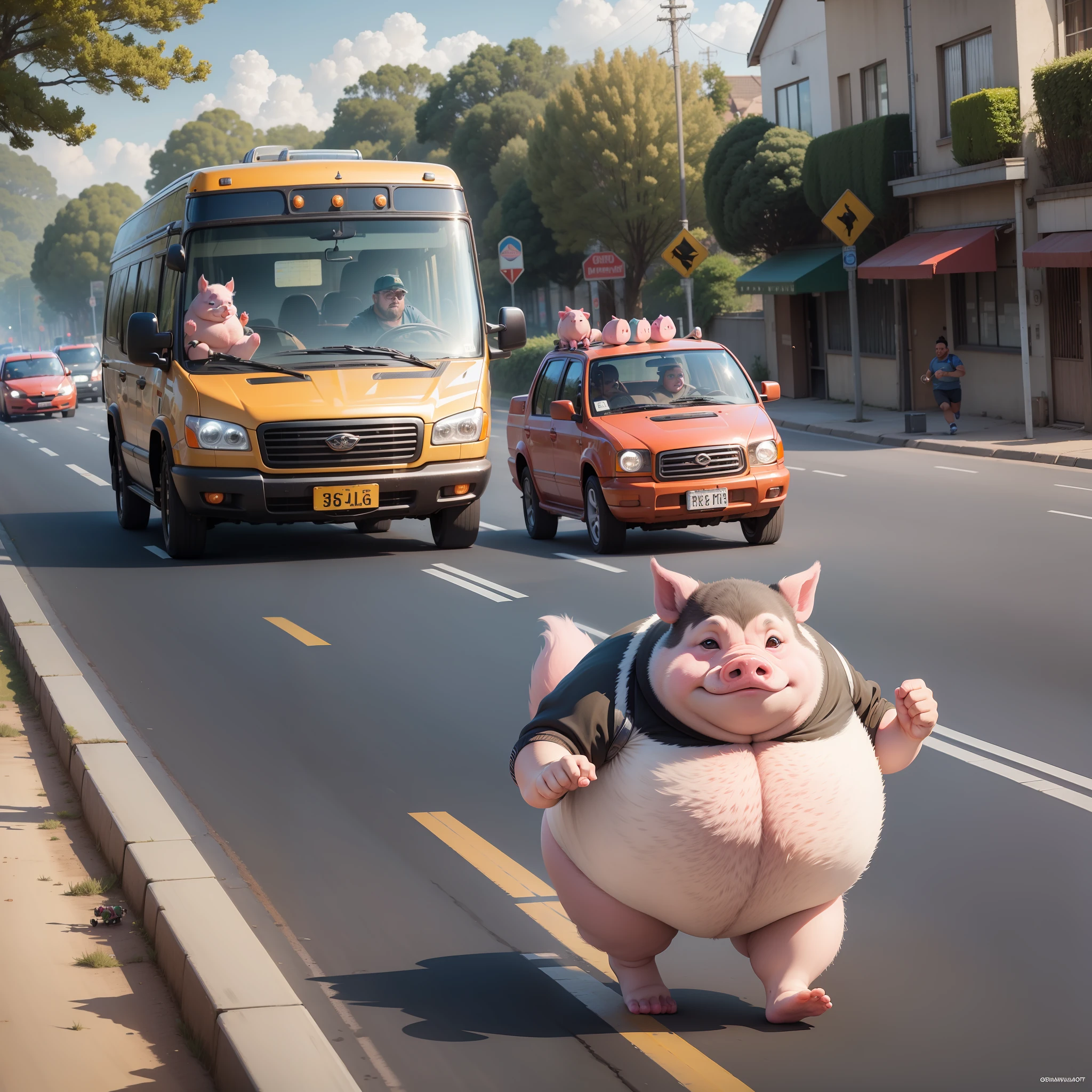 A fat fat animal runs along the road, freak dwarfs run around on the road, and fly pigs fly in the air;