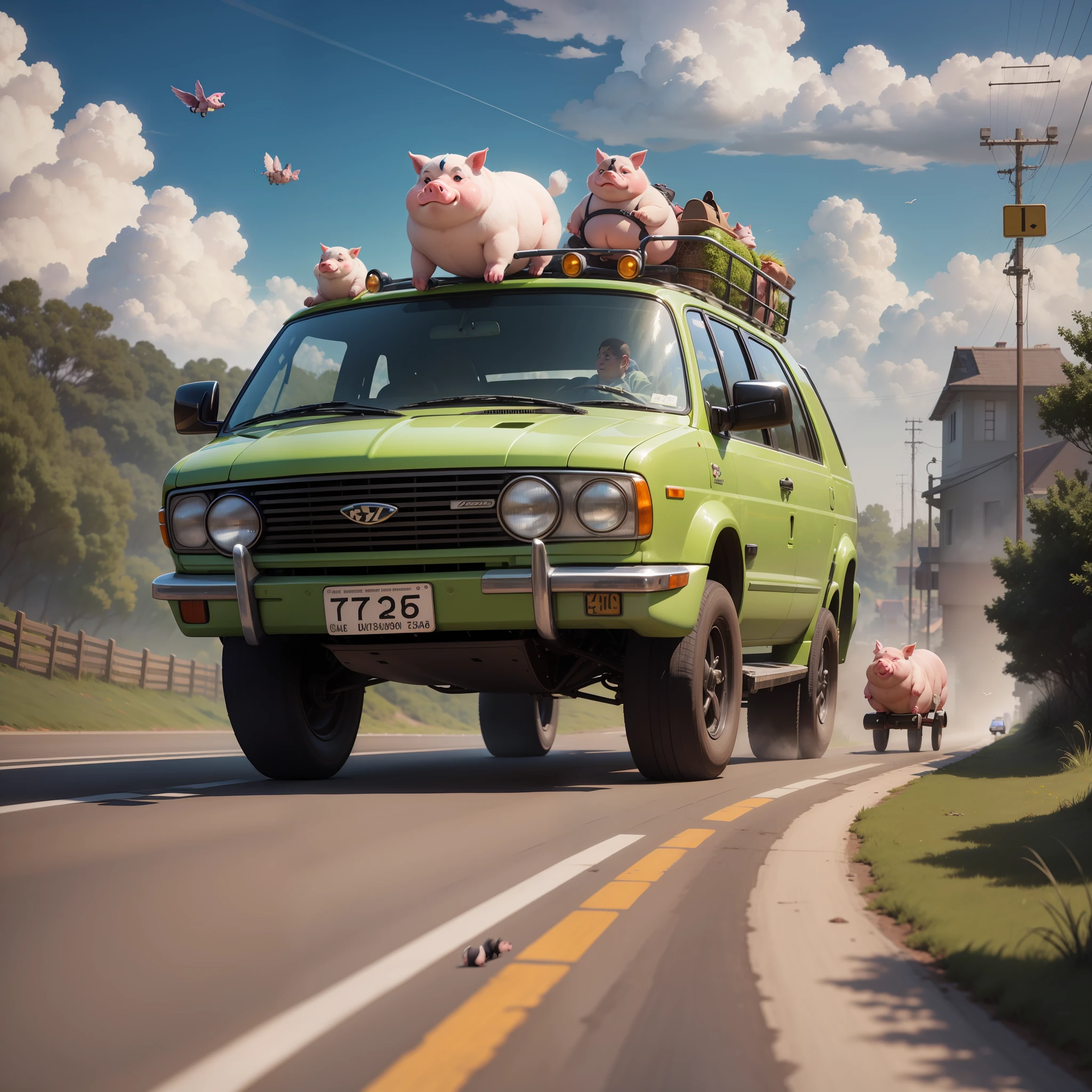 A fat fat animal runs along the road, freak dwarfs run around on the road, and fly pigs fly in the air;