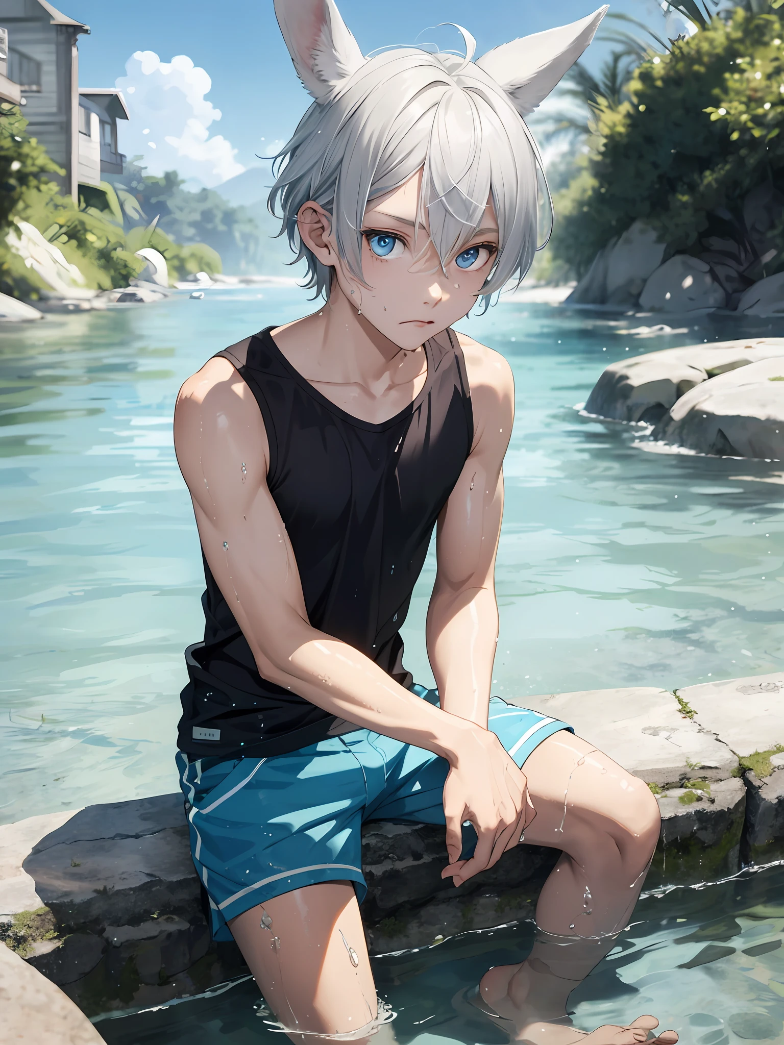 1 Boy, Silver hair with rabbit ears, Blue eyes, Male focus, Pouting, Tank top, Shorts, Barefoot, (arm support: 1.1), (Partially submerged: 1.1), Sitting, (Wet: 1.4), Cowboy shot, Looking up, Looking at the viewer, from above, from the front, water, playing in the river, river, forest, sunlight, summer