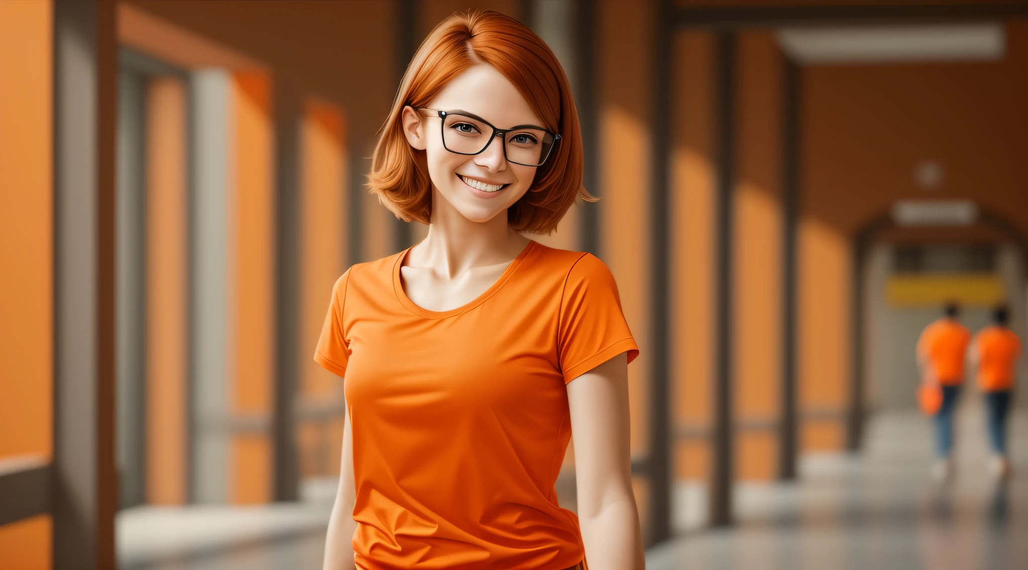 a 27-year-old female character wearing beautiful orange glasses and smiling wearing a plain orange mesh t-shirt, walking in an advertising agency with orange walls, very short and spiky orange brown hair, slim body, looking at the camera, smiling, cinematic lighting, shallow depth of field, 8k uhd, DSLR, 35mm 1.8 lens,  masterpiece, high quality, photorealistic, realism, hyperrealism, art photography --auto --s2