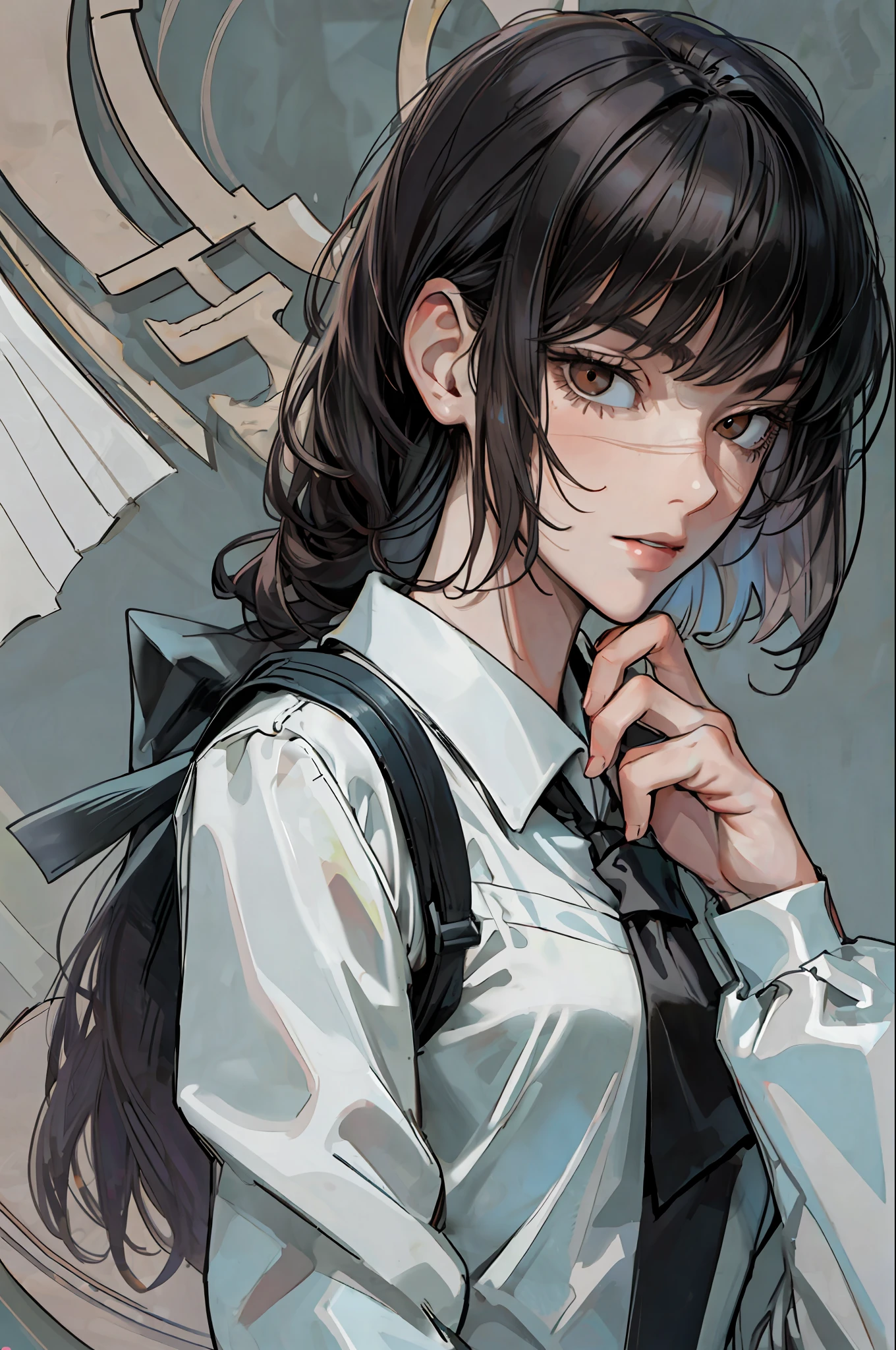 ((masterpiece, best quality)), (1girl), (solo), (female focus), yoru \(chainsaw man\),(very detailed face, real image, realistic white skin, realistic body, intricate details), upper body, serious , brown eyes, looking at the viewer, bandages over the body, black hair, ponytail, bangs, far sleeve shirt, uniform, pinaforee dress, black necktie, bandages, bandages, small breasts, backpack