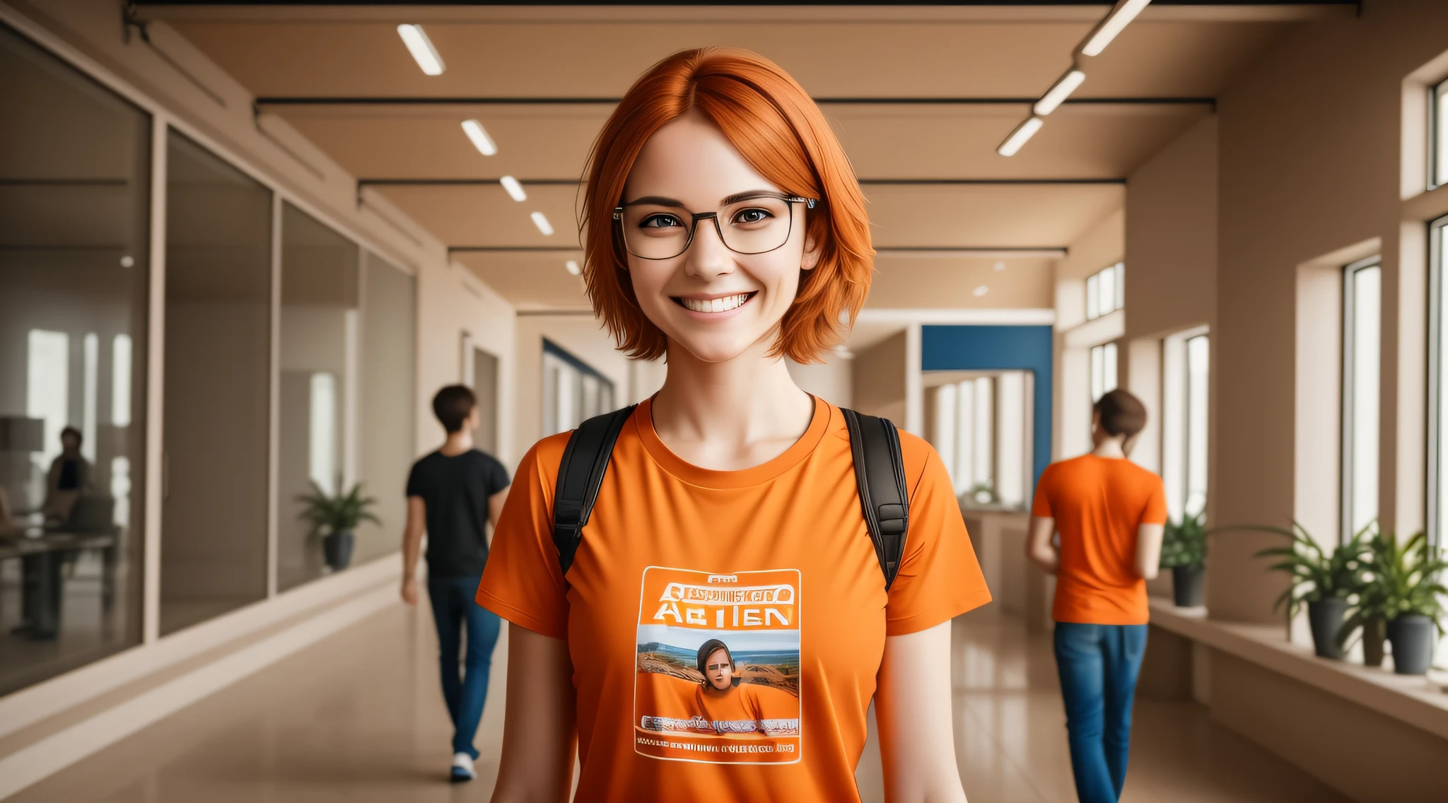 a 27-year-old female character wearing beautiful orange glasses and smiling wearing a plain orange mesh t-shirt, walking in an advertising agency with orange walls, very short and spiky orange brown hair, slim body, looking at the camera, smiling, cinematic lighting, shallow depth of field, 8k uhd, DSLR, 35mm 1.8 lens,  masterpiece, high quality, photorealistic, realism, hyperrealism, art photography --auto --s2