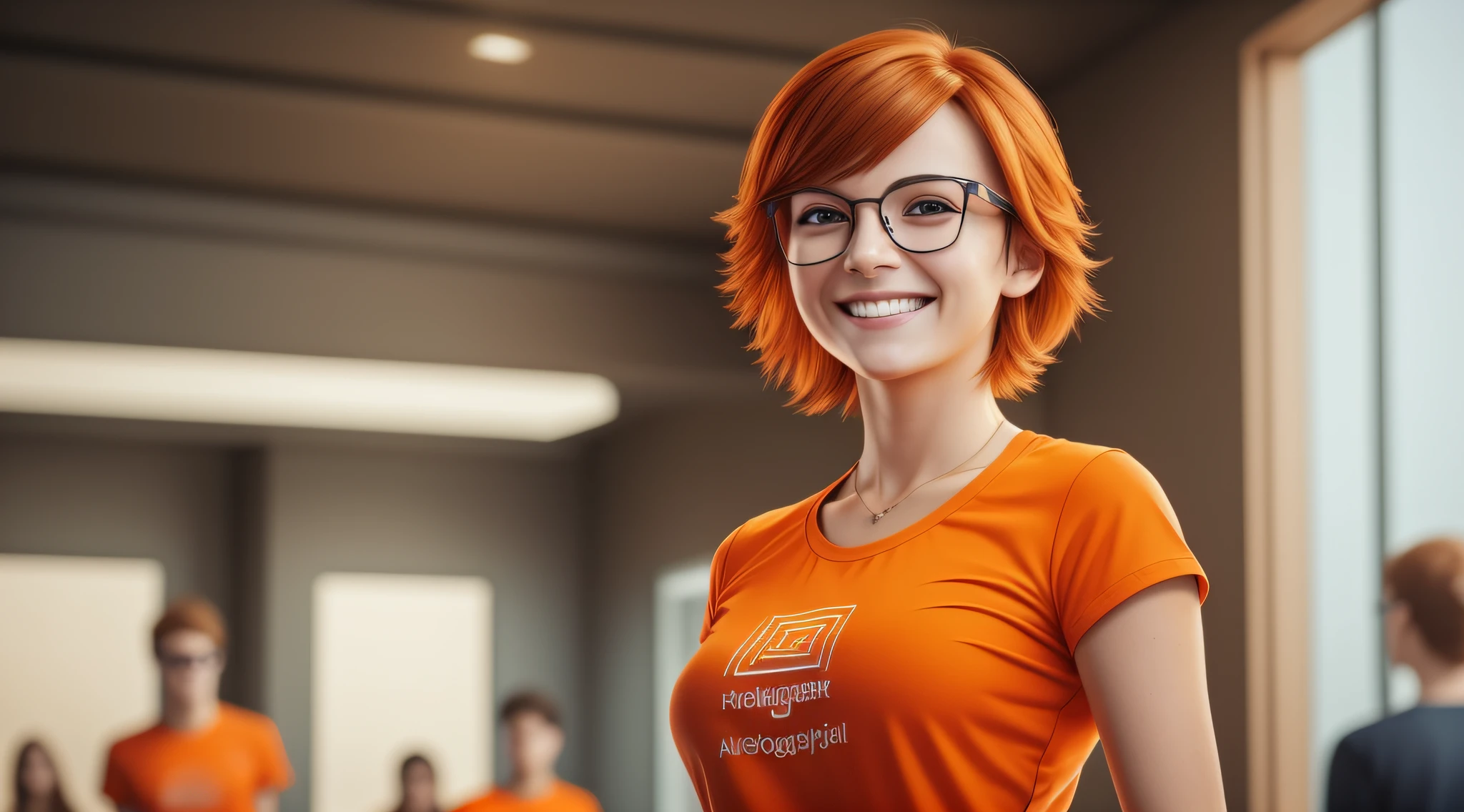 a 27-year-old female character wearing beautiful orange glasses and smiling wearing a plain orange mesh t-shirt, walking in an advertising agency with orange walls, very short and spiky orange brown hair, slim body, looking at the camera, smiling, cinematic lighting, shallow depth of field, 8k uhd, DSLR, 35mm 1.8 lens, masterpiece, high quality, photorealistic, realism, hyperrealism, art photography --auto --s2