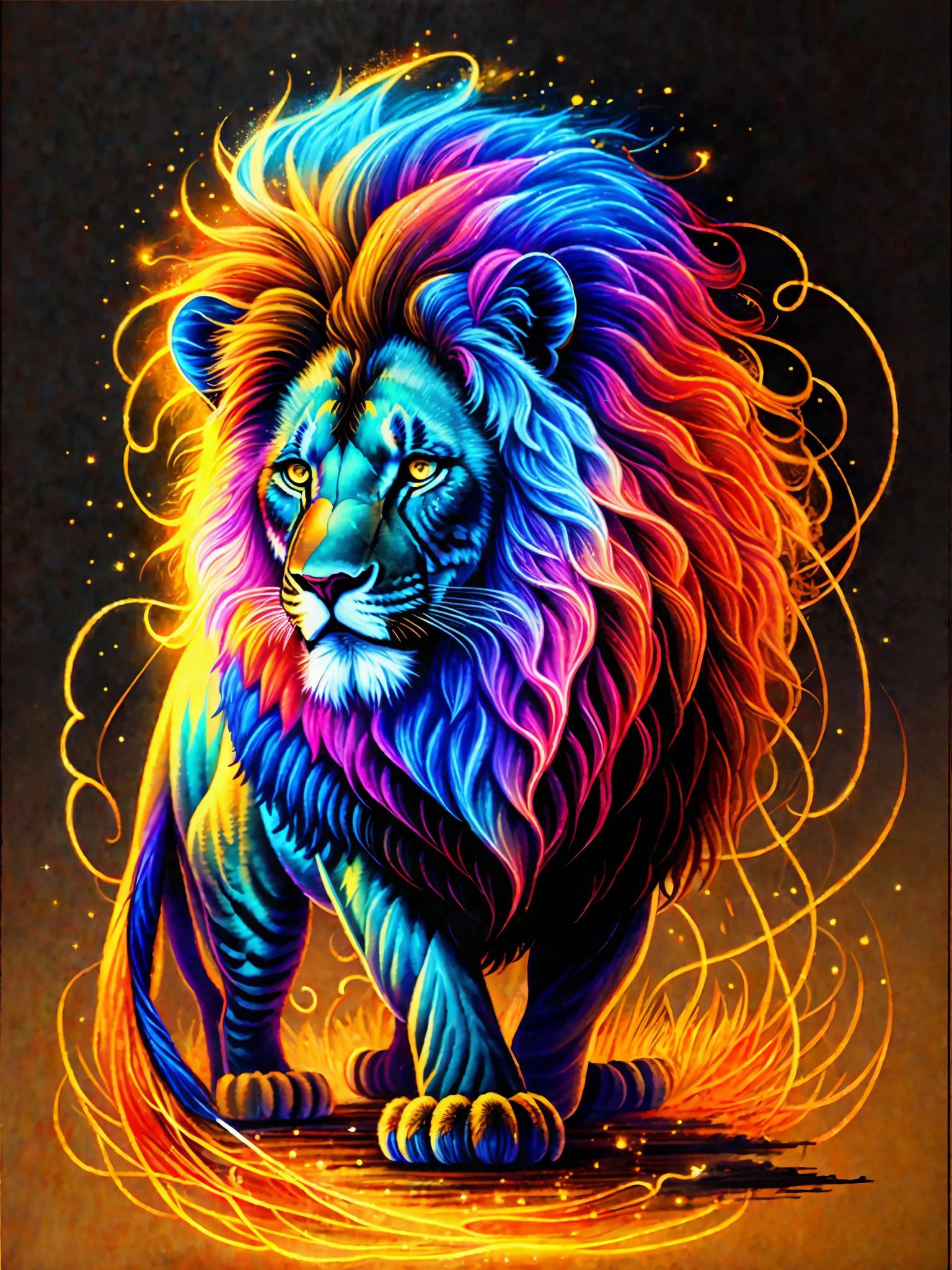 a painting of a colored lion on a black background, breathtaking rendering, within a radiant connection, inspired by Kinuko Y. Craft,, magical elements, wow, is beautiful, casting a multi colorful spell, bright flash, flash