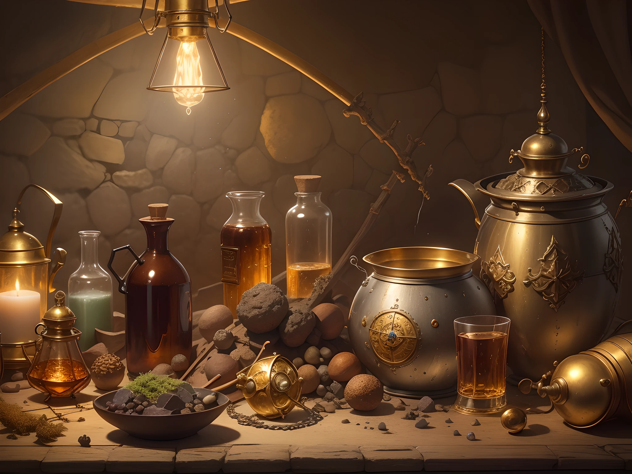 Extremely detailed, masterpiece. The old alchemist's medieval laboratory is full of ancient and mysterious objects. The dim light illuminates the place, and the alchemist, focused on his experiments, stares at his cauldron. The predominantly golden and brown tones create a mystical and charming atmosphere.