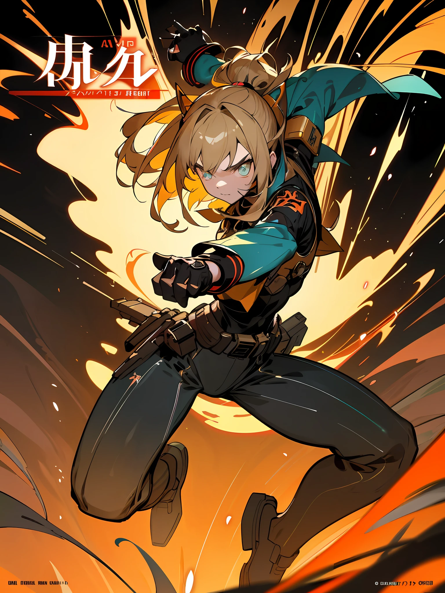 (grainy: 0.5), cinematic, girl, adult, space, serious, military pose, detailed face, detailed military equipment, volumetric lighting, isolation, horror, perfect anatomy, hyper-realistic, dark lighting, bioluminescent details, background, mixed-language_text, Japanese letters in graffit, boys, excellent lighting, sidelighting, (), vhsKeeper,, style GUILTY GEAR -STRIVE perfect ultimate (flat color: 1.3), (magazine_cover: 1.4), (multicolored_background: 1.3),  striped_background, card_background, :: comix style by joe madureira :: circular pieces of white metals glued to the arms coming out shimmering yellow glow, , perfect and detailed, ultra detailed shirt with abstract design and with Japanese letters in graffit of the sides of the clothing, image of full-body boys fighting next to you with powerful dragons versus alien creature full of tentacles ,  with immersive effects, hover effect, background style graffiti tribal tattoo with vibrant colors "ultra hdr" detailed and with focus effect, (masterpiece: 1.2, best quality), (finely detailed beautiful eyes: 1.2), , ((Solo)), (Finely detailed eyes and detailed face: 1.3), in various full-body attack poses, (cute background: 1.2),futuristic costume, Super detailed circular metals Clinging to the arms and pants,  fantastic paintings
