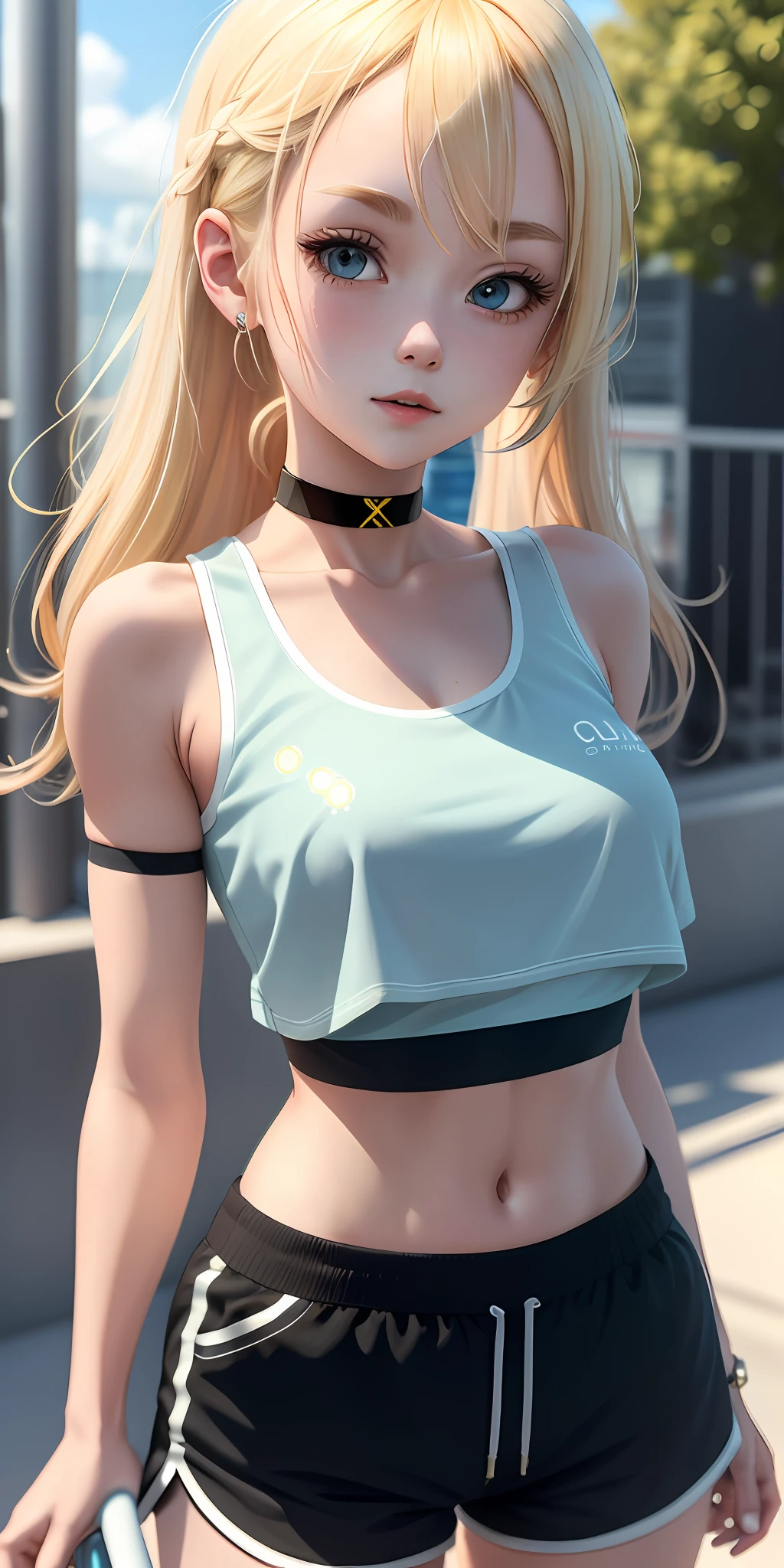 Loli, very detailed, 8k, blonde hair, 1 woman 30 years old, bubble top, short top, gym shorts, choker