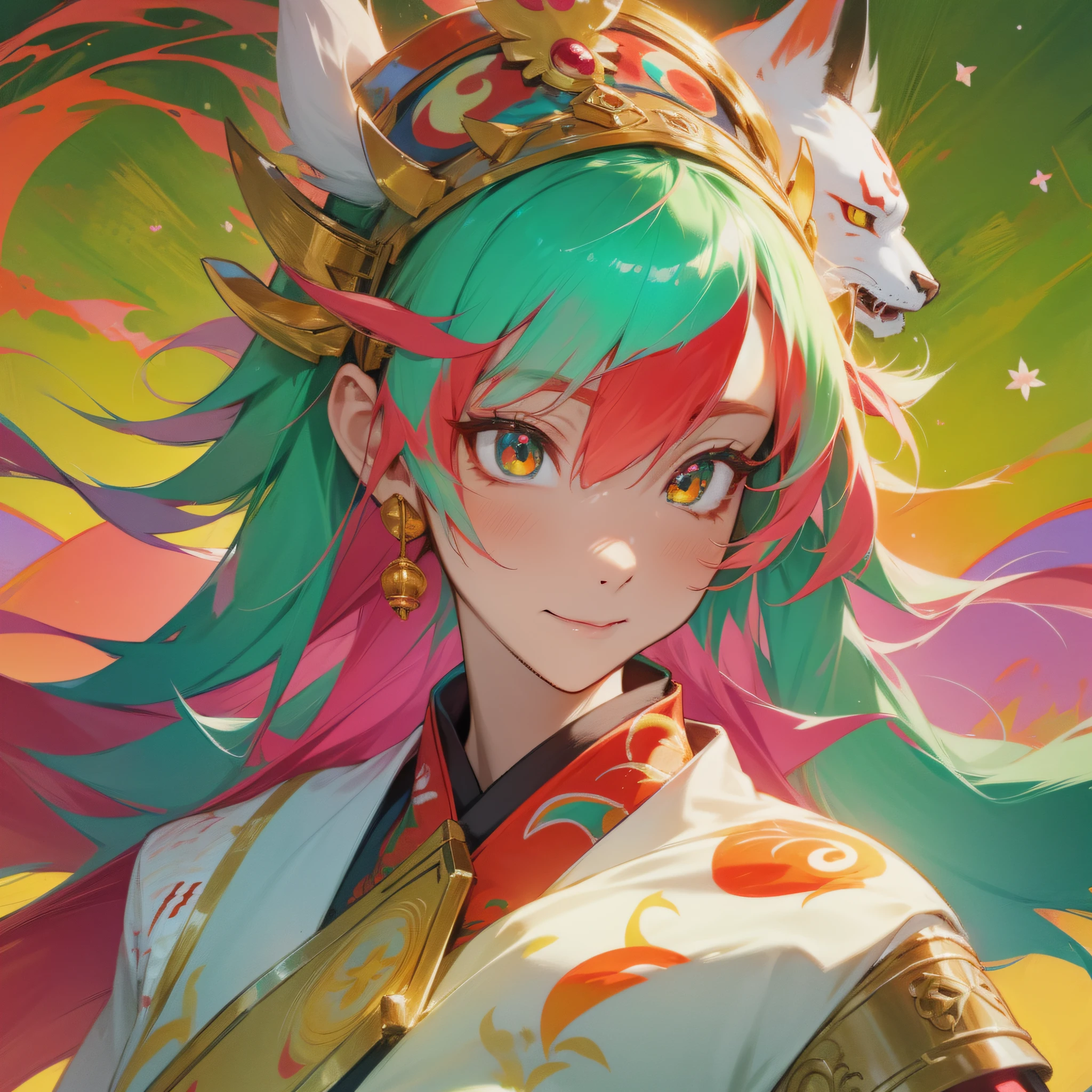 Concept art, portrait of Amaterasu who became a dragon from Japan mythology, charming priestess, wearing a business suit, red hair, sun god, ryujin, anime girl, green and yellow odd-eyed, kaleidoscope beautiful eyes, shining like the sun, superstar, NFT art, Ethereum, using only pastel color palette, kawaii, retro-futuristic, The most beautiful images, 4K and anime art