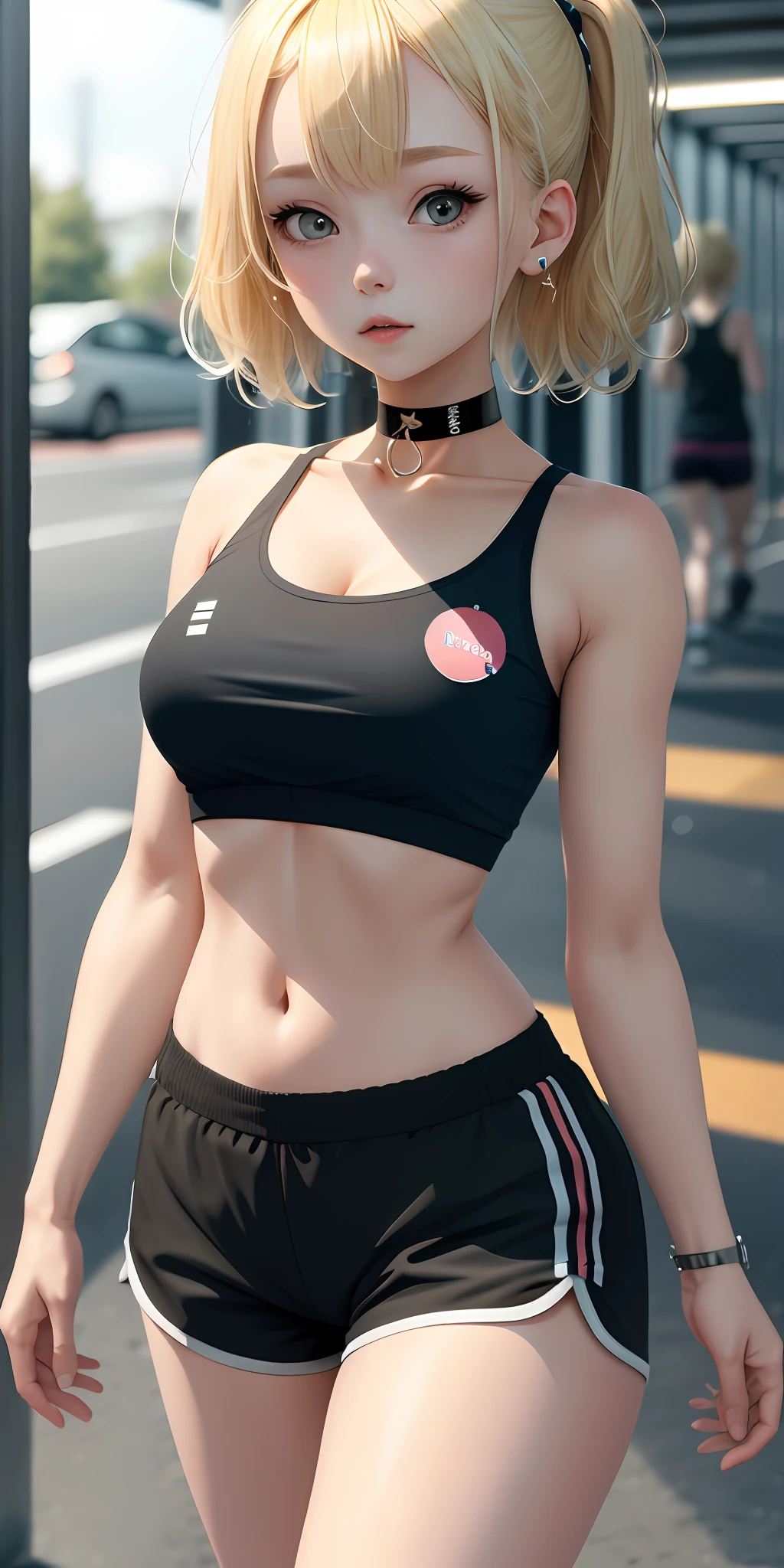 , very detailed, 8k, blonde hair, 1 woman 30 years old, bubble top, short top, gym shorts, choker