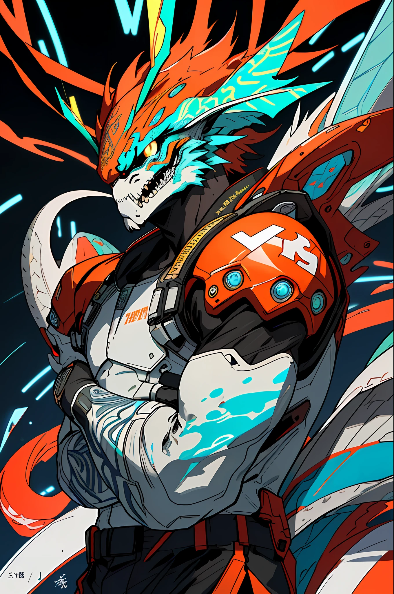 (grainy: 0.5), cinematic, girl, adult, space, serious, military pose, detailed face, detailed military equipment, volumetric lighting, isolation, horror, perfect anatomy, hyper-realistic, dark lighting, bioluminescent details, background, mixed-language_text, Japanese letters in graffit, boys, excellent lighting, sidelighting, (), vhsKeeper,, style GUILTY GEAR -STRIVE perfect ultimate (flat color: 1.3), (magazine_cover: 1.4), (multicolored_background: 1.3), striped_background, card_background, :: comix style by joe madureira :: circular pieces of white metals glued to the arms coming out shimmering yellow glow, , perfect and detailed, ultra detailed shirt with abstract design and with Japanese letters in graffit of the sides of the clothing, image of full-body boys fighting next to you with powerful dragons versus alien creature full of tentacles , with immersive effects, hover effect, background style graffiti tribal tattoo with vibrant colors "ultra hdr" detailed and with focus effect, (masterpiece: 1.2, best quality), (finely detailed beautiful eyes: 1.2), , ((Solo)), (Finely detailed eyes and detailed face: 1.3), in various full-body attack poses, (cute background: 1.2),futuristic costume, Super detailed circular metals Clinging to the arms and pants, fantastic paintings