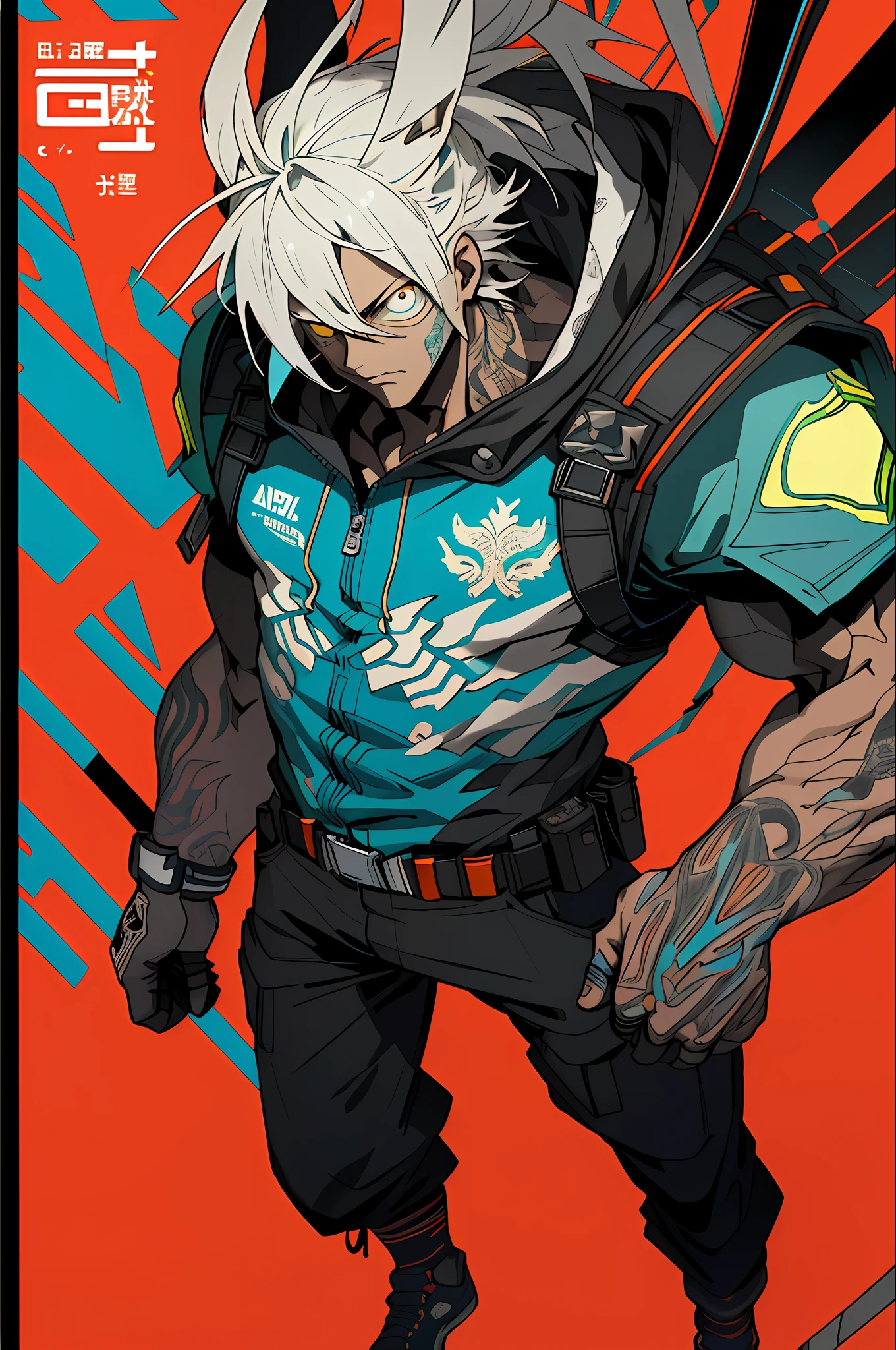 (grainy: 0.5), cinematic, girl, adult, space, serious, military pose, detailed face, detailed military equipment, volumetric lighting, isolation, horror, perfect anatomy, hyper-realistic, dark lighting, bioluminescent details, background, mixed-language_text, Japanese letters in graffit, boys, excellent lighting, sidelighting, (), vhsKeeper,, style GUILTY GEAR -STRIVE perfect ultimate (flat color: 1.3), (magazine_cover: 1.4), (multicolored_background: 1.3),  striped_background, card_background, :: comix style by joe madureira :: circular pieces of white metals glued to the arms coming out shimmering yellow glow, , perfect and detailed, ultra detailed shirt with abstract design and with Japanese letters in graffit of the sides of the clothing, image of full-body boys fighting next to you with powerful dragons versus alien creature full of tentacles ,  with immersive effects, hover effect, background style graffiti tribal tattoo with vibrant colors "ultra hdr" detailed and with focus effect, (masterpiece: 1.2, best quality), (finely detailed beautiful eyes: 1.2), , ((Solo)), (Finely detailed eyes and detailed face: 1.3), in various full-body attack poses, (cute background: 1.2),futuristic costume, Super detailed circular metals Clinging to the arms and pants,  fantastic paintings