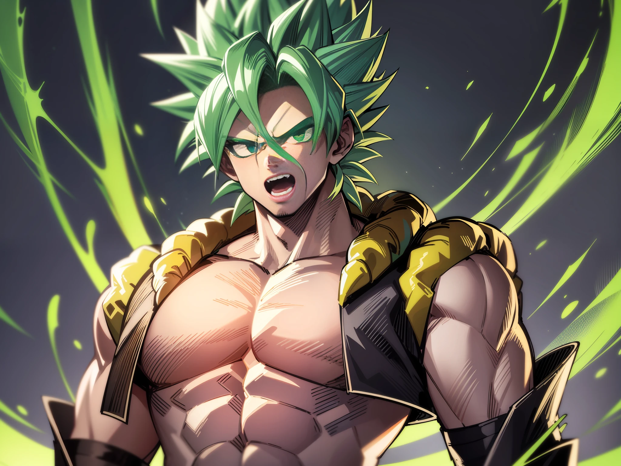 (Highly detailed)+, (high quality)+, (masterpiece)+, (Best quality)+, (Intricate detail)+, Ki Charge, aura, fighting stance, centered focus, half body, green aura, Broly 48 years old on planet Earth, "Dragon Ball Z", muscular male, scar on face, proper body proportion, endomorph, buff, chest scar, green hair, big spiky hair, super sayajin 2, teeth, open mouth, torn clothing, green band, defined breastplate, white eyes, fury mode, losing it, bracelet, topless man., grey hair, blank eyes, anime style, anime, masterpiece, UHD, super detail, high details, high quality, best quality, HD, 4K