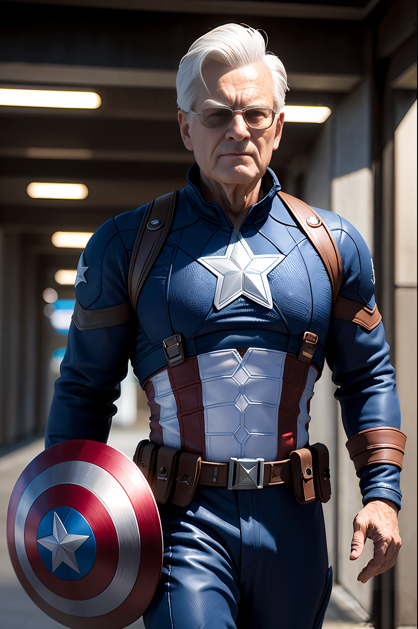 Image of an elderly man in a Captain America costume, walking down the street with expression of sadness, trend in central zbrush, trend in zbrush, realistic 3d character, CGI clay sculpture, carved in zbrush, super realistic painting style, super realism, hyper-detailed realistic rendering, trend in deviant art, hyper-realistic digital art, super-realistic, highlighted in zbrush center
