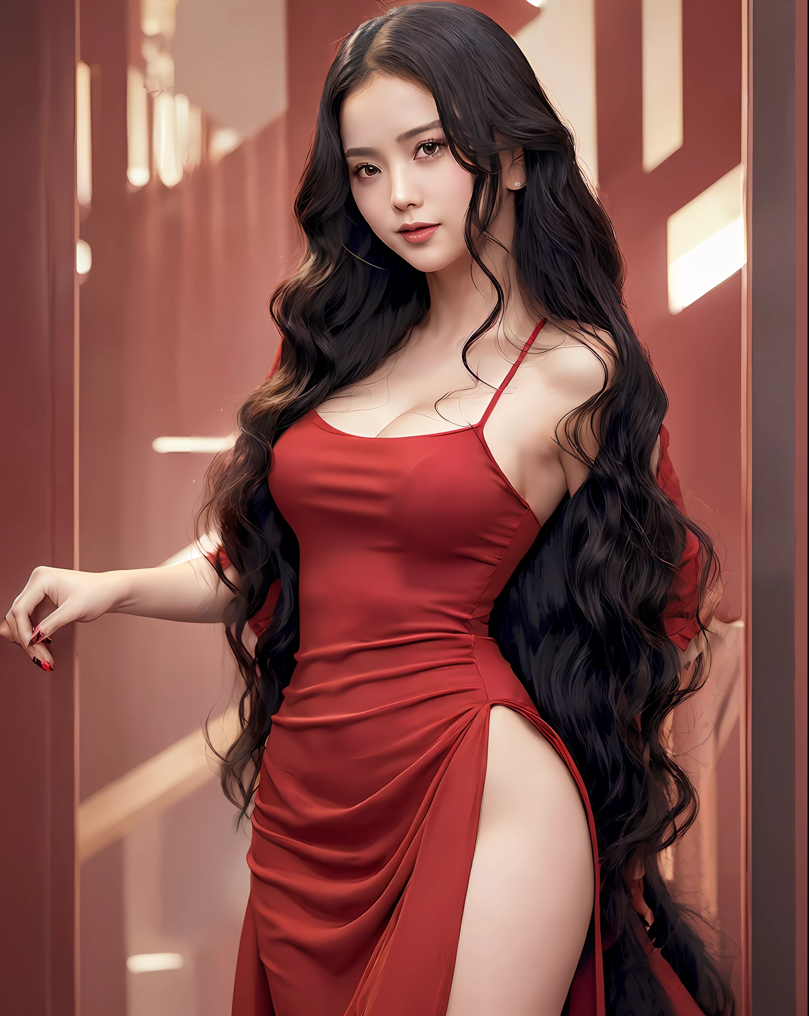 (A stunning girl in a red dress:1.3),confidently looking at the viewer with a radiant smile,(curly:1.2+long black hair),showcasing her stunning figure against a captivating background,potrait.