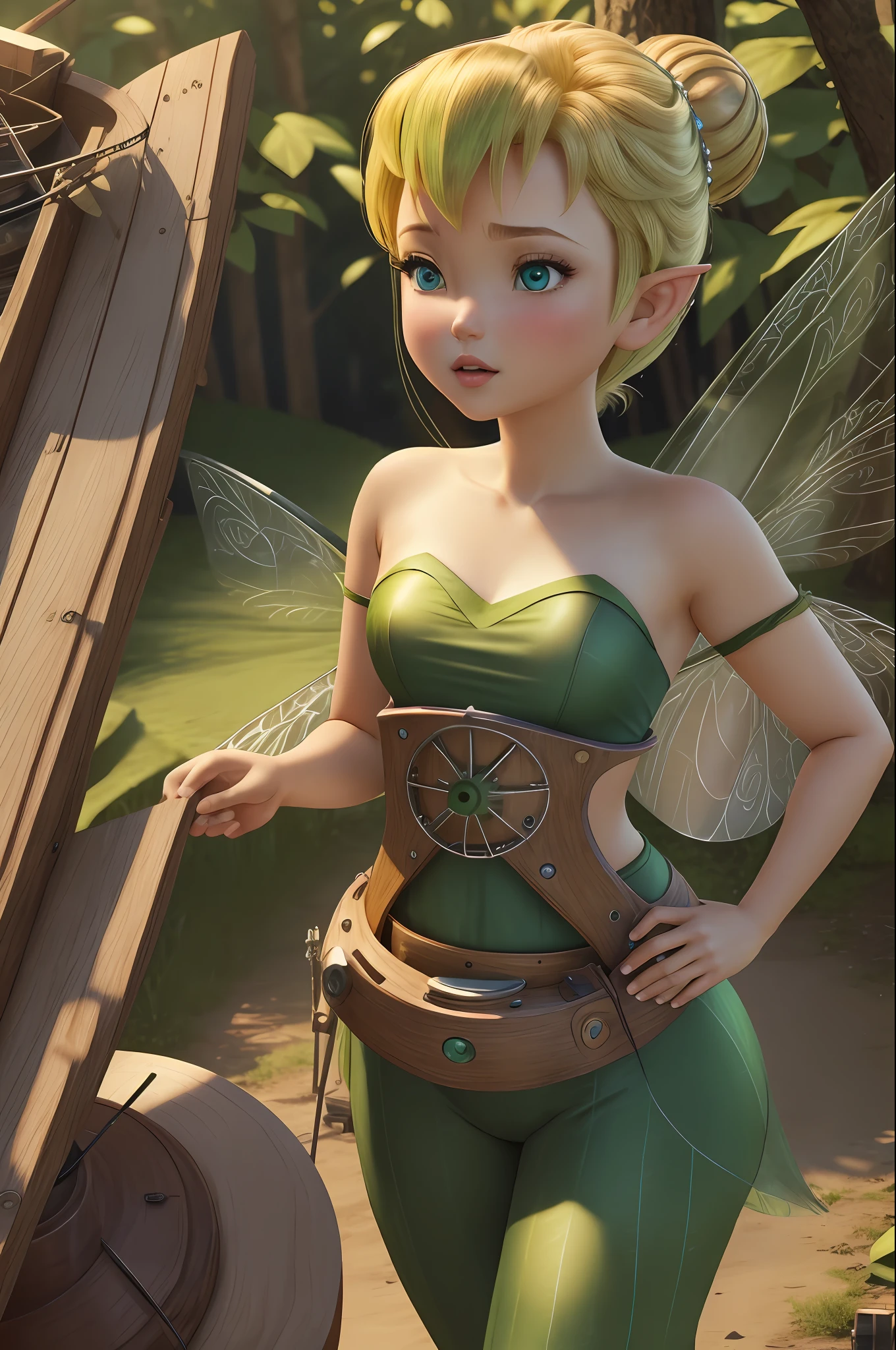 masterpiece, 8k, perfect ligthing, , adult, female, looking at viewer, cinematic lighting, full body shot, (TinkerBell:1.5), (TinkerBellWaifu:1.1), single hair bun, (green clothes), ((clothes made from leaves)), (fairy wings:1.2), pointy ears, blue eyes, (detailled eyes:1.2), tinkering in the forest, (tinkering:1.6), Gears, leavers, pulleys, blush, (shrunken),