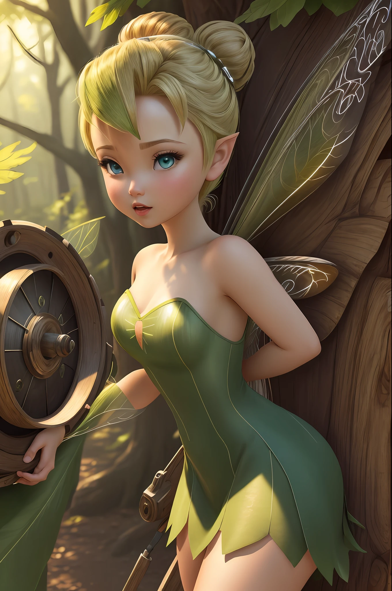 masterpiece, 8k, perfect ligthing, , adult, female, looking at viewer, cinematic lighting, full body shot, (TinkerBell:1.5), (TinkerBellWaifu:1.1), single hair bun, (green clothes), ((clothes made from leaves)), (fairy wings:1.2), pointy ears, blue eyes, (detailled eyes:1.2), tinkering in the forest, (tinkering:1.6), Gears, leavers, pulleys, blush, (shrunken),