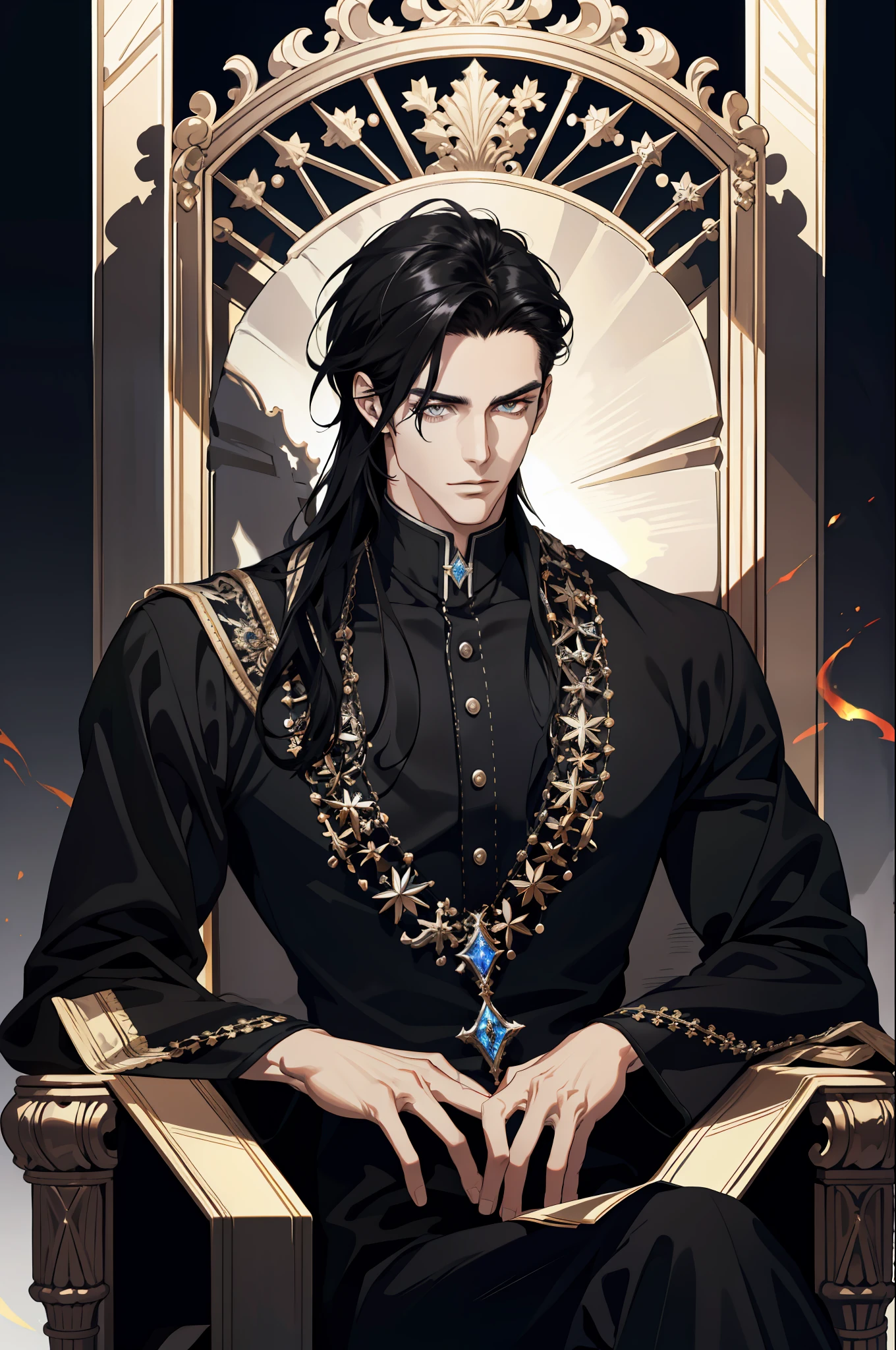 (absurd, high resolution, ultra detailed), 1 man, adult, handsome, tall and muscular boy, broad shoulders, finely detailed eyes and detailed face, long black hair, onyx colored eyes, fantasy, magnificent background,shadow effect, throne, magic effect, flame