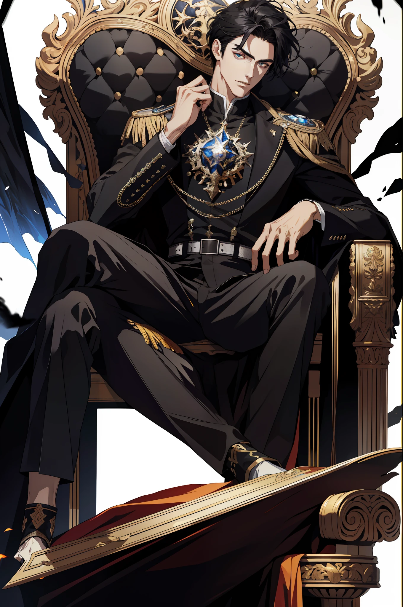 (absurd, high resolution, ultra detailed), 1 man, adult, handsome, tall and muscular boy, broad shoulders, finely detailed eyes and detailed face, long black hair, onyx colored eyes, fantasy, magnificent background,shadow effect, throne, magic effect, flame