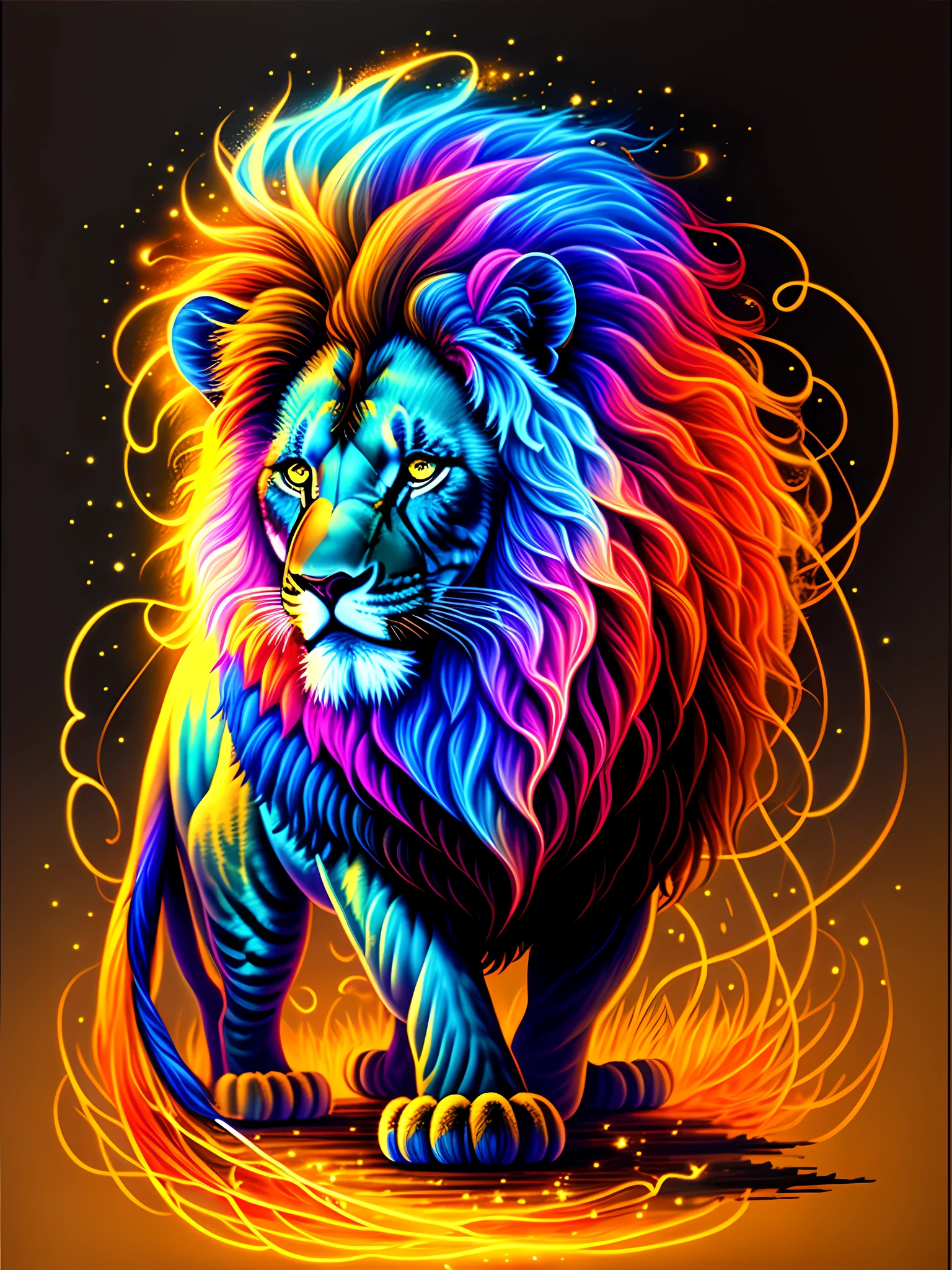 a painting of a colored lion on a black background, breathtaking rendering, within a radiant connection, inspired by Kinuko Y. Craft,, magical elements, wow, is beautiful, casting a multi colorful spell, bright flash, flash