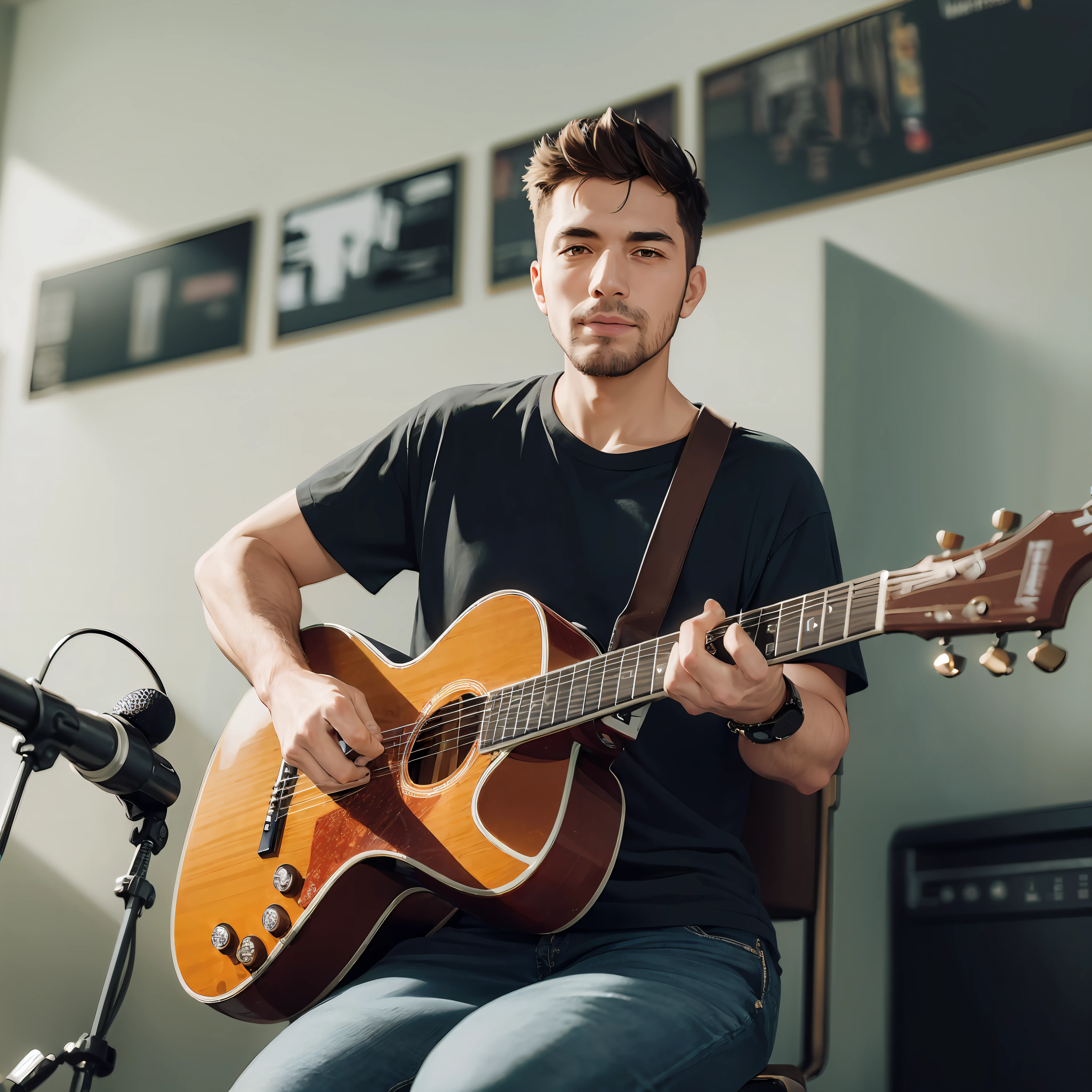 ((high quality)), ((masterpiece)), 8k, a man playing guitar inside a studio with whiteboard --auto --s2