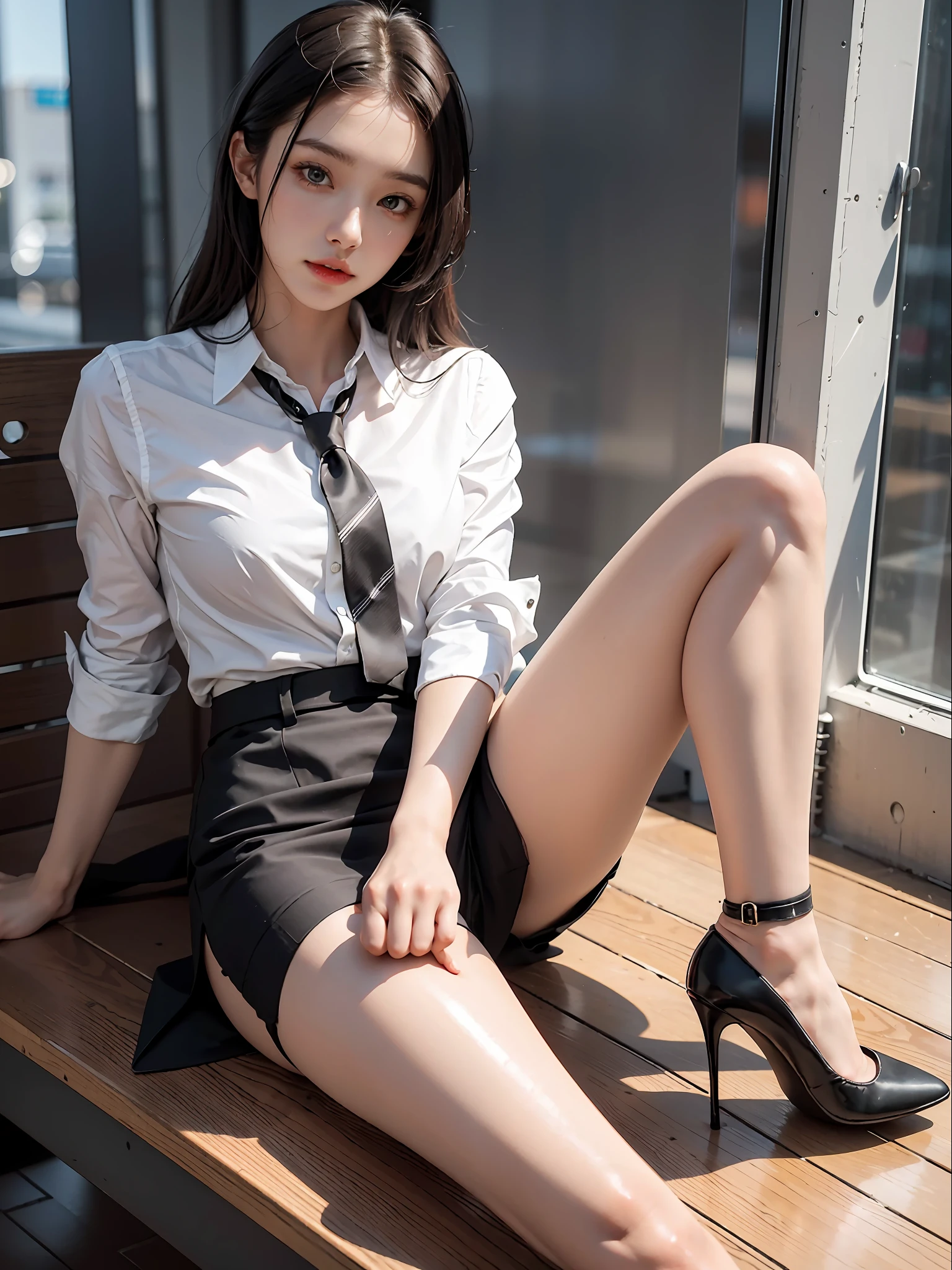 8k, Best Quality, (Beauty), High Resolution, Realistic, Real Person, Full Body Portrait, Delicate Face, Cute Face, 25 Years Old Woman, Slim Figure, Small Bust, Long and Clean Legs, Office Uniform, Office Clothes, Black Stockings, High Heels, Outdoor Scene, Sedentary