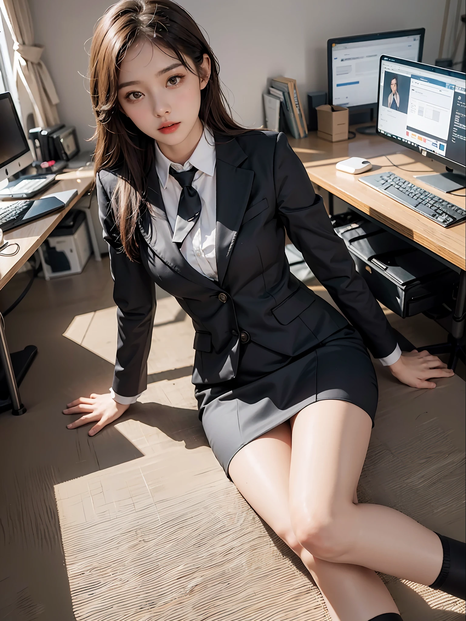 8k, Best Quality, (Beauty), High Definition, Realistic, Real Person, Full Body Portrait, Delicate Face, Cute Face, 25 Year Old Woman, Slim Figure, Small Bust, Office Uniform, Office Clothes, Black Stockings, Outdoor Scene, Sedentary