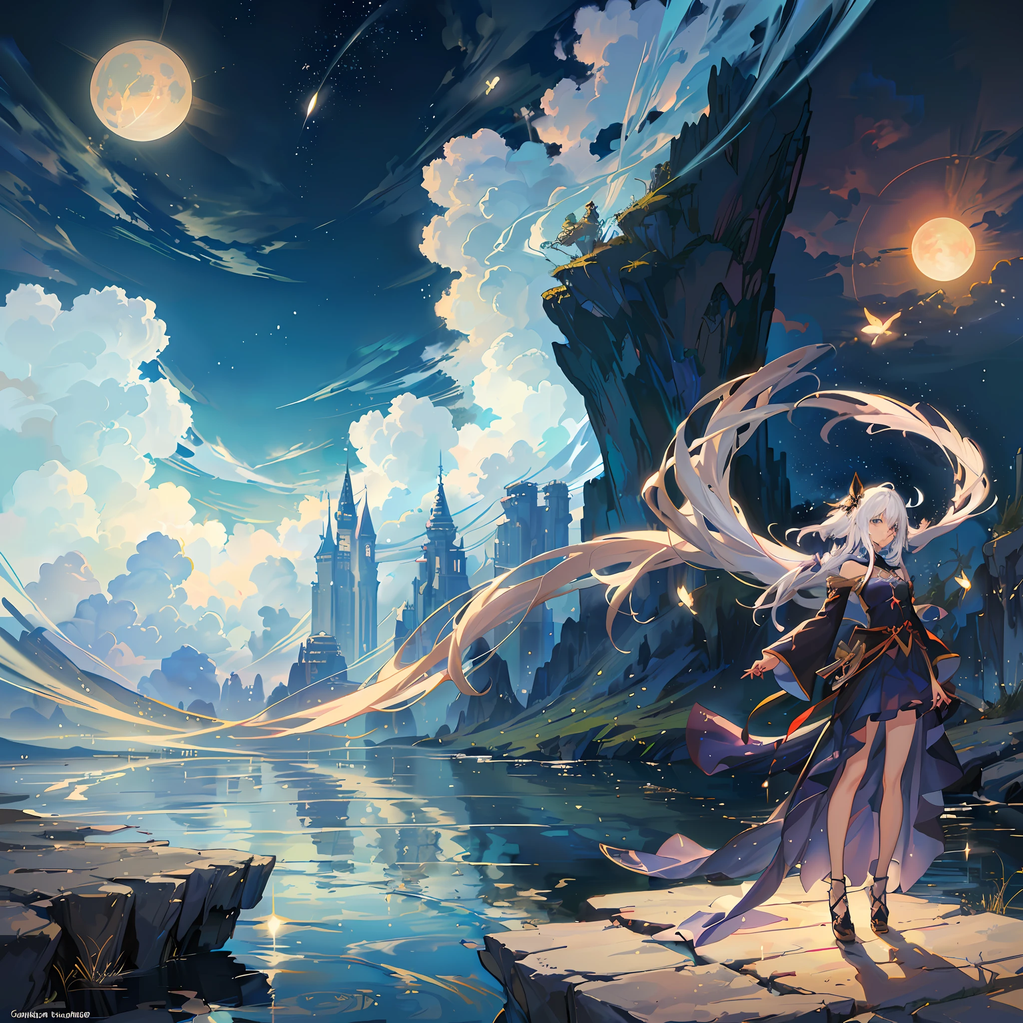 anime girl with long white hair standing on a rock by a lake, anime fantasy artwork, anime fantasy illustration, beautiful fantasy anime, anime art wallpaper 4 k, anime art wallpaper 4k, beautiful celestial mage, epic light novel art cover, anime art wallpaper 8 k, 2. 5 d cgi anime fantasy artwork, trending on artstation pixiv, anime epic artwork