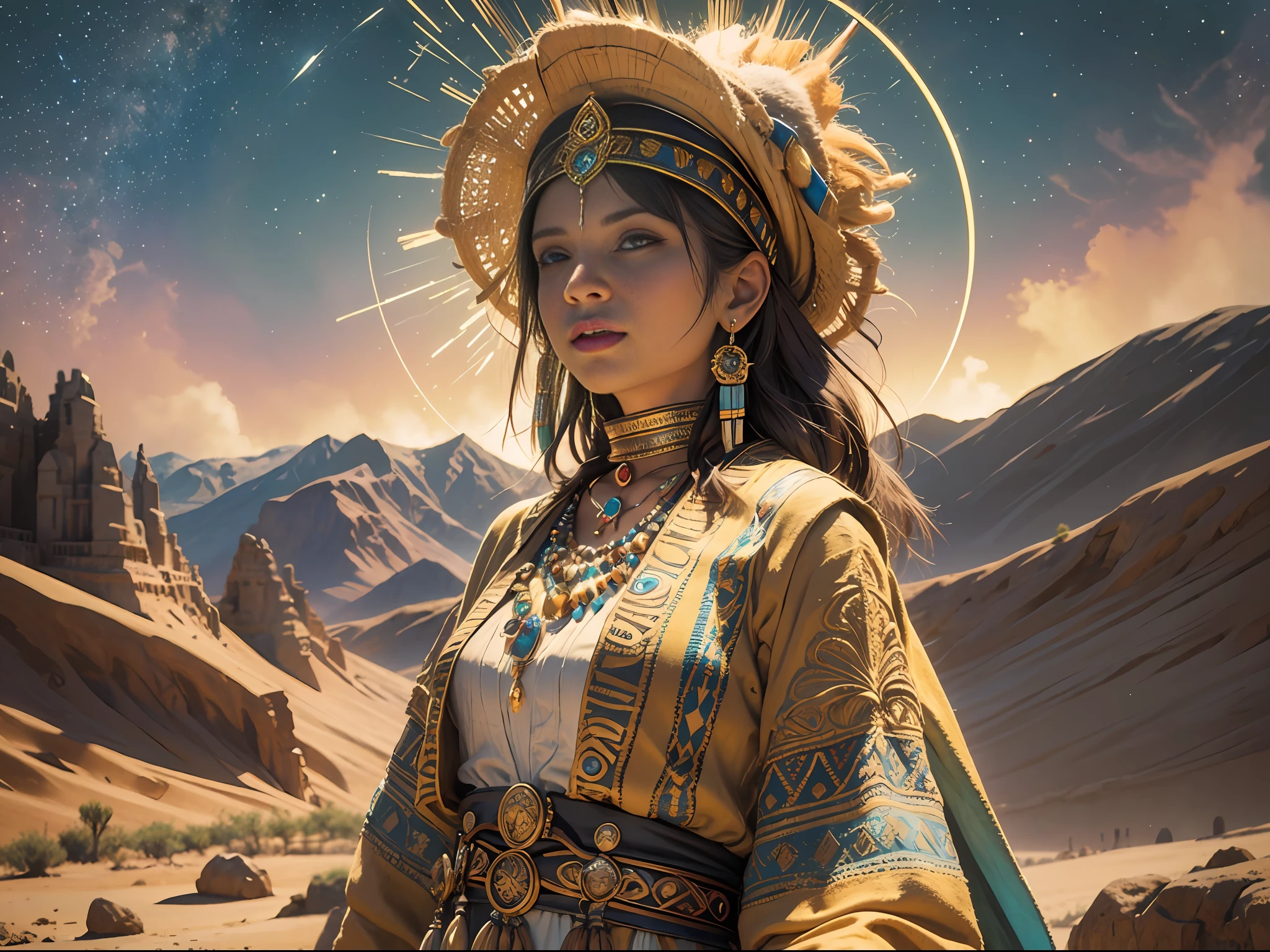 Inca in the desert, realistic, intricate high details, colorful clothing, perfect body, 16k, full cuepo --auto --s2