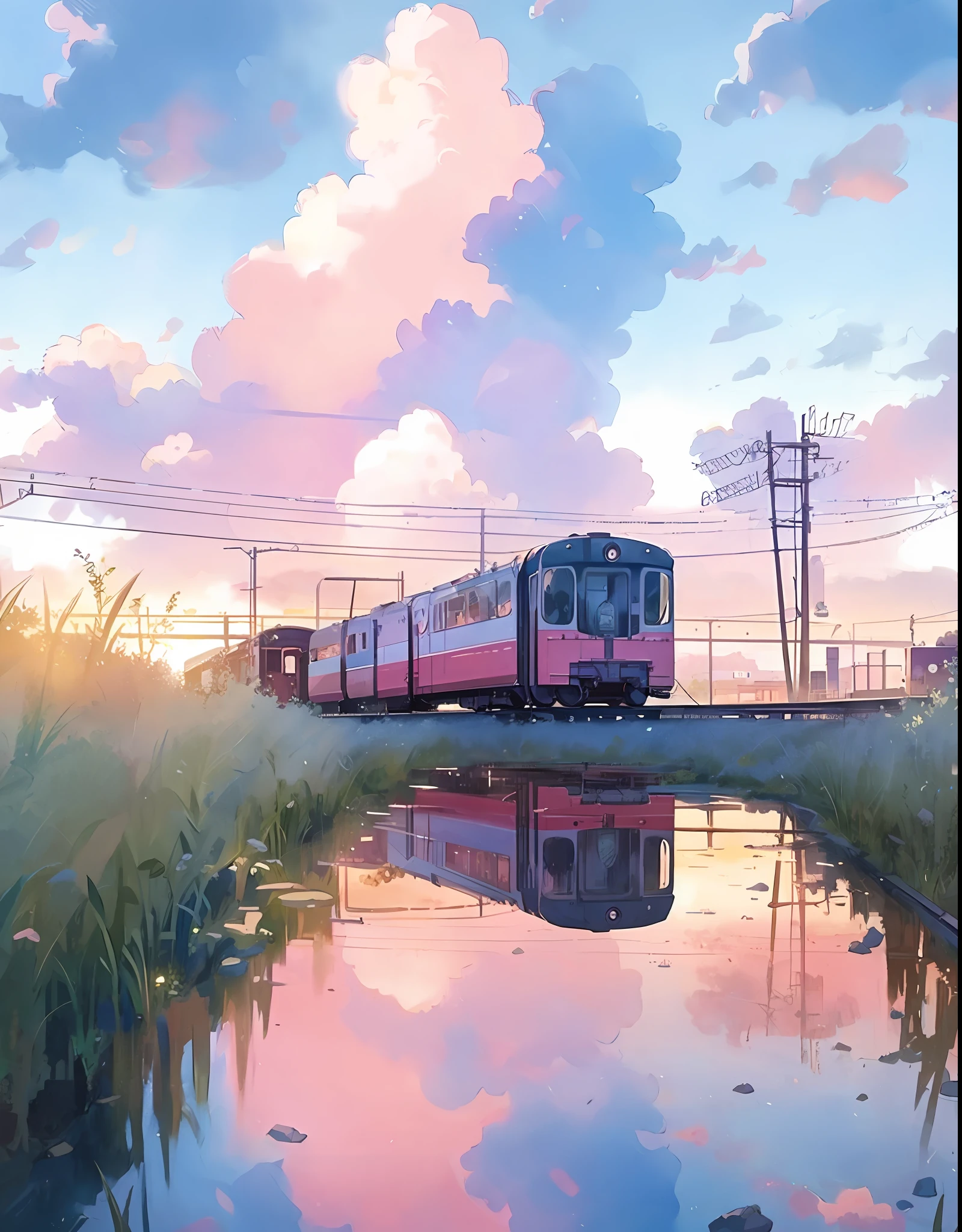 Masterpiece, anime train on tracks through a body of water, pink train. Romantic Train, Makoto Shinkai's picture, pixiv, concept art, lofi art style, reflection. by makoto shinkai, lofi art, beautiful anime scenes, anime scenery, detailed scenery—width 672, in style of makoto shinkai, style of makoto shinkai, details enhanced.