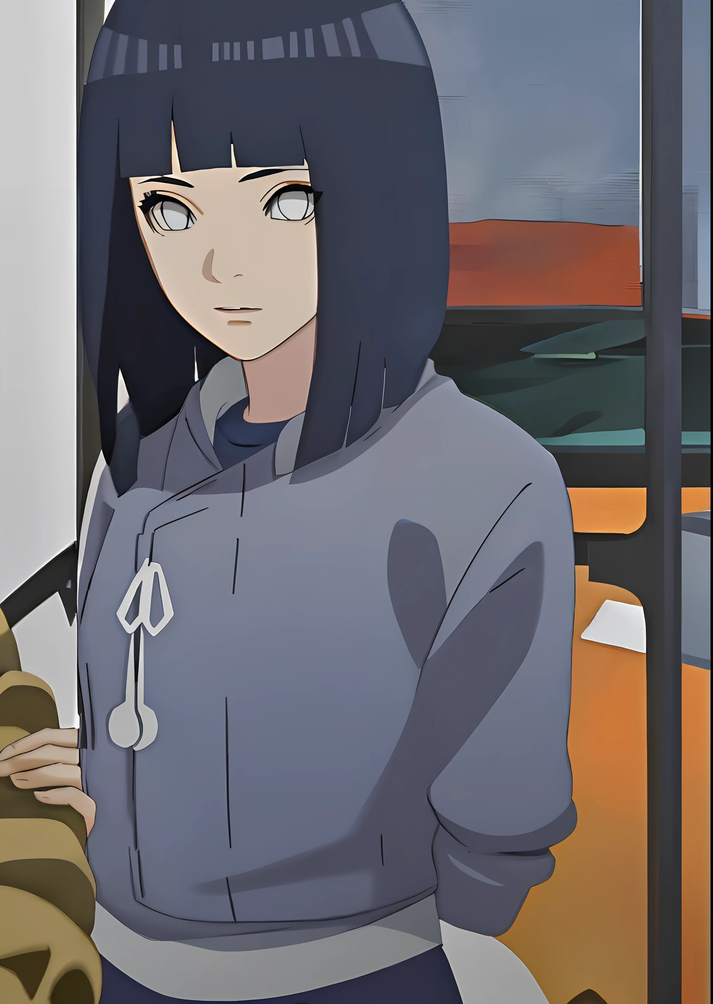 Blunt bangs, dark blue hair, long hair