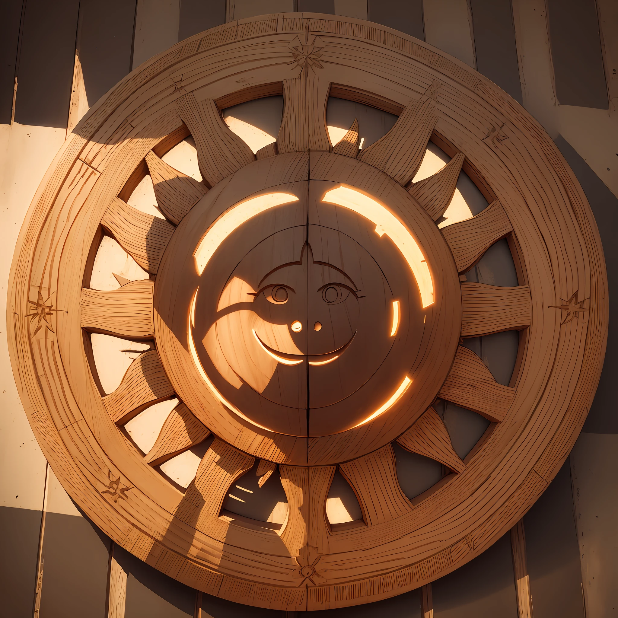 Drawing of a stylized sun carved into a front wood --auto --s2