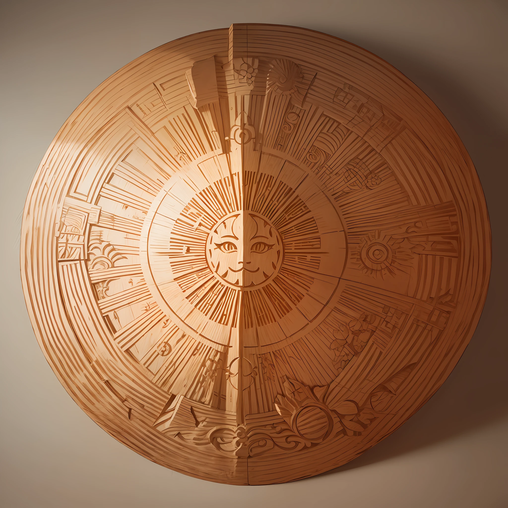 Drawing of a stylized sun carved into a front wood --auto --s2