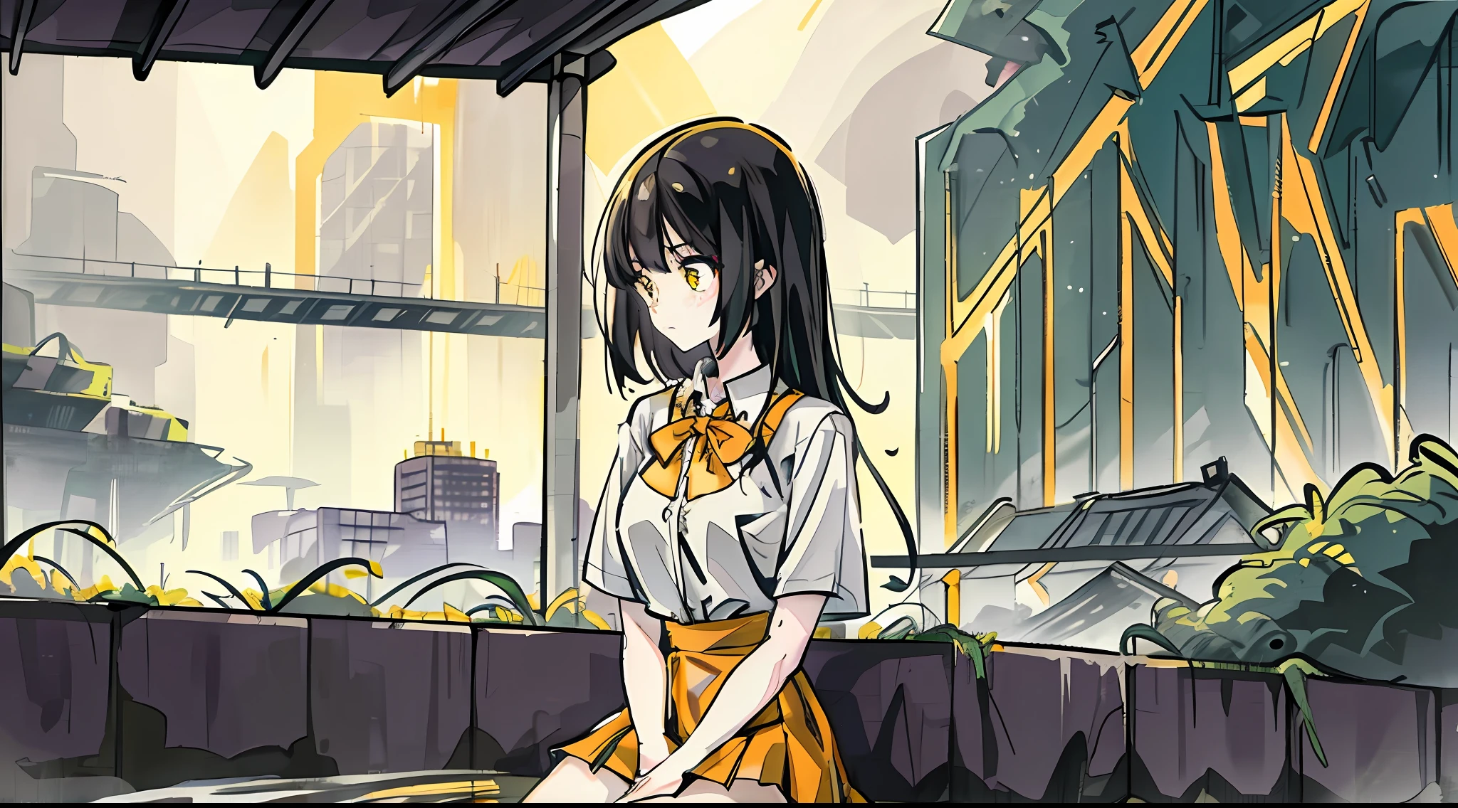 (masterpiece), best quality, 1girl, long hair, orange hair, yellow eyes, freckles, collared shirt, white shirt, short sleeves, loose necktie, high-waist skirt, pleated skirt, black skirt, shirt tucked in, medium breasts, sitting, arm support, looking at viewer, partially submerged, (glowing water:1.2), ruined city, building, skyscraper, post-apocalypse, overgrown, debris, grass, moss, dusk, (fog:1.2), purple theme, shallow focus,