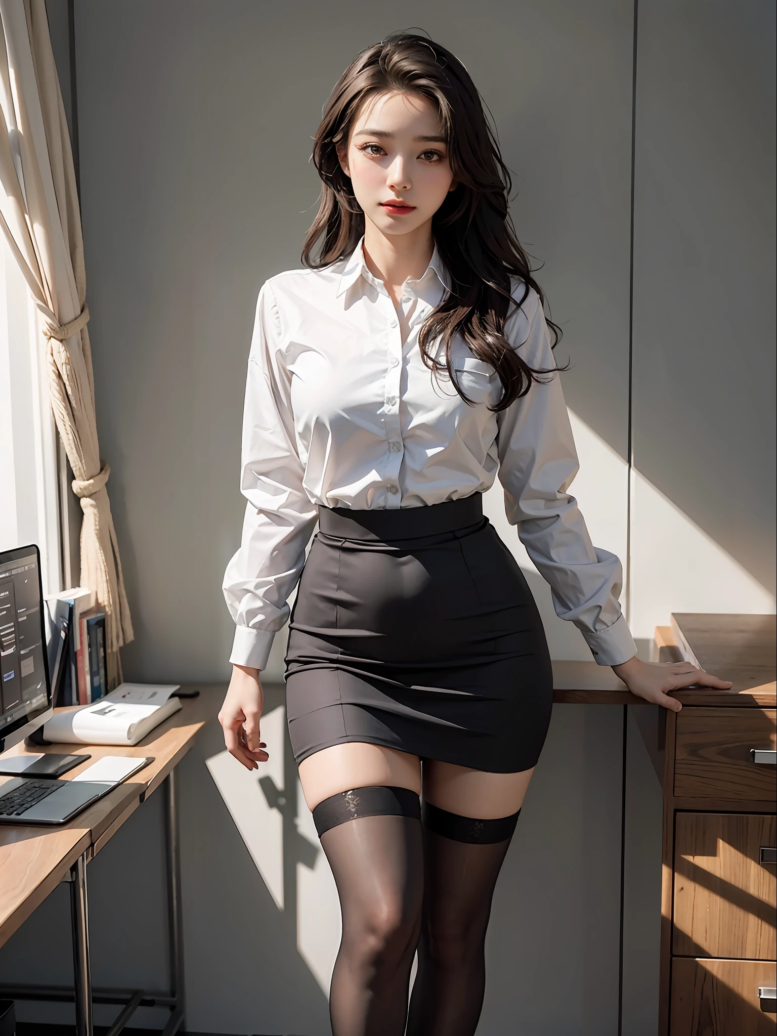 8k, Best Quality, (Beauty), High Definition, Realistic, Real Person, Full Body Portrait, Delicate Face, Cute Face, 25 Year Old Woman, Slim Figure, Small Bust, Office Uniform, Office Clothes, Black Stockings, Outdoor Scene, Sedentary