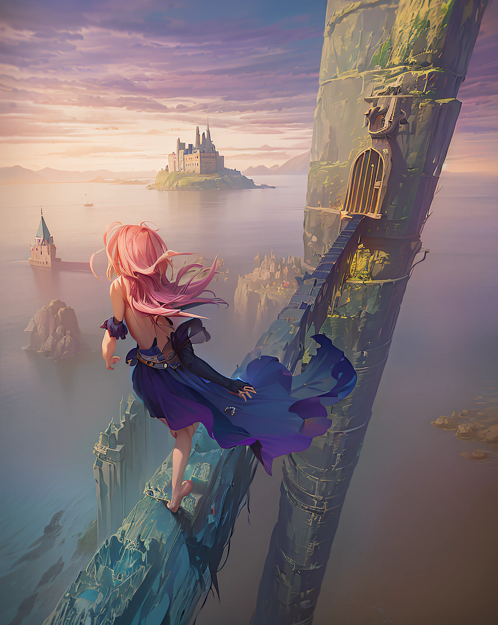 painting of a girl on a boat in the ocean with a castle in the background, stepping on towers, jessica rossier and brian froud, inside her surreal vr castle, michael cheval (unreal engine, inspired by Alice Prin, beautiful render of a fairytale, female ascending into the sky, slicing the air. pop surrealism, realistic fantasy render