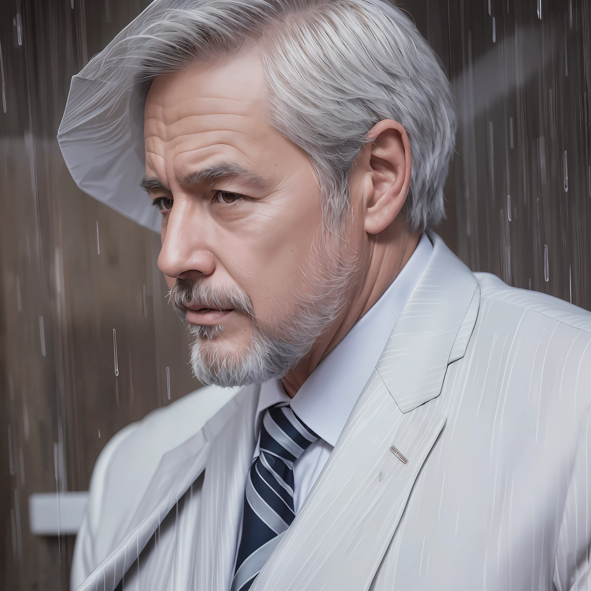 48 year old man, white suit, short and uncut hair, , rain, roof, masterpiece, details, perfect anatomy --auto --s2