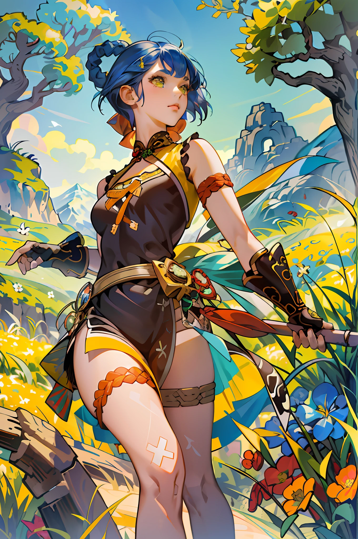 absurdres, highres, ultra detailed, 1girl, solo, extremely detailed eyes, (official art, beautiful and aesthetic:1.2), (1girl), extreme detailed,(fractal art:1.3),colorful,highest detailed, short blue hair with 2 braids on top of the head, yellow chinese clothes, jumping, in a green field with flowers, mountains on background