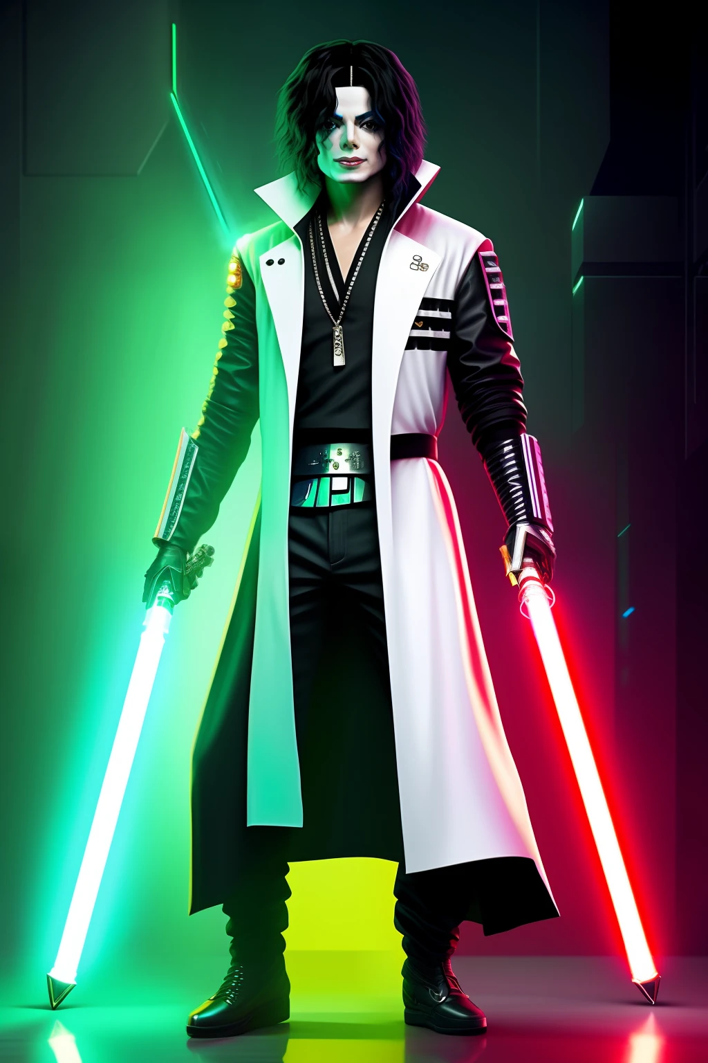 a painting of a Michael Jackson in Dartvader robes and lightsaber, Cyberpunk 2077 style.