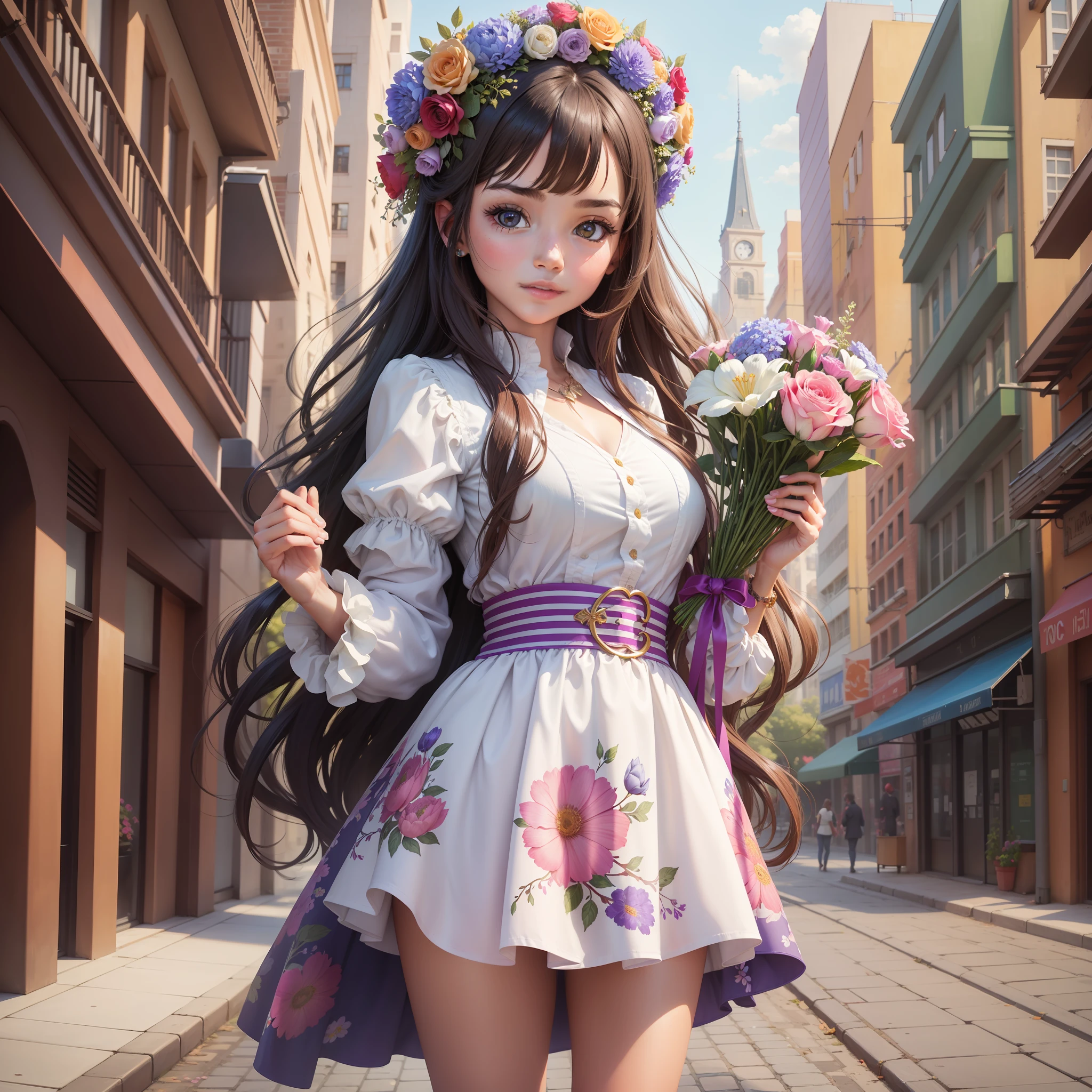 A beautiful girl was presented with the most beautiful flowers. Super detail. Multicolored. Super quality. Lots of colors. Flowers. Beauty. City.