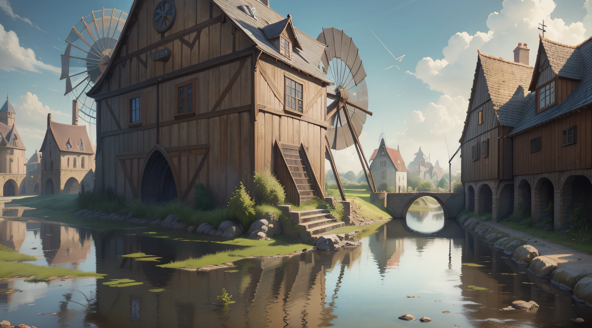 (extreme hyper-realistic artwork, medieval era),dynamic shot,windmill pumping water from river,hyper-realistic water reflection,incredible attention to detail,medieval architecture,medieval clothes and accessories,centered composition,medieval chiaroscuro,painting style