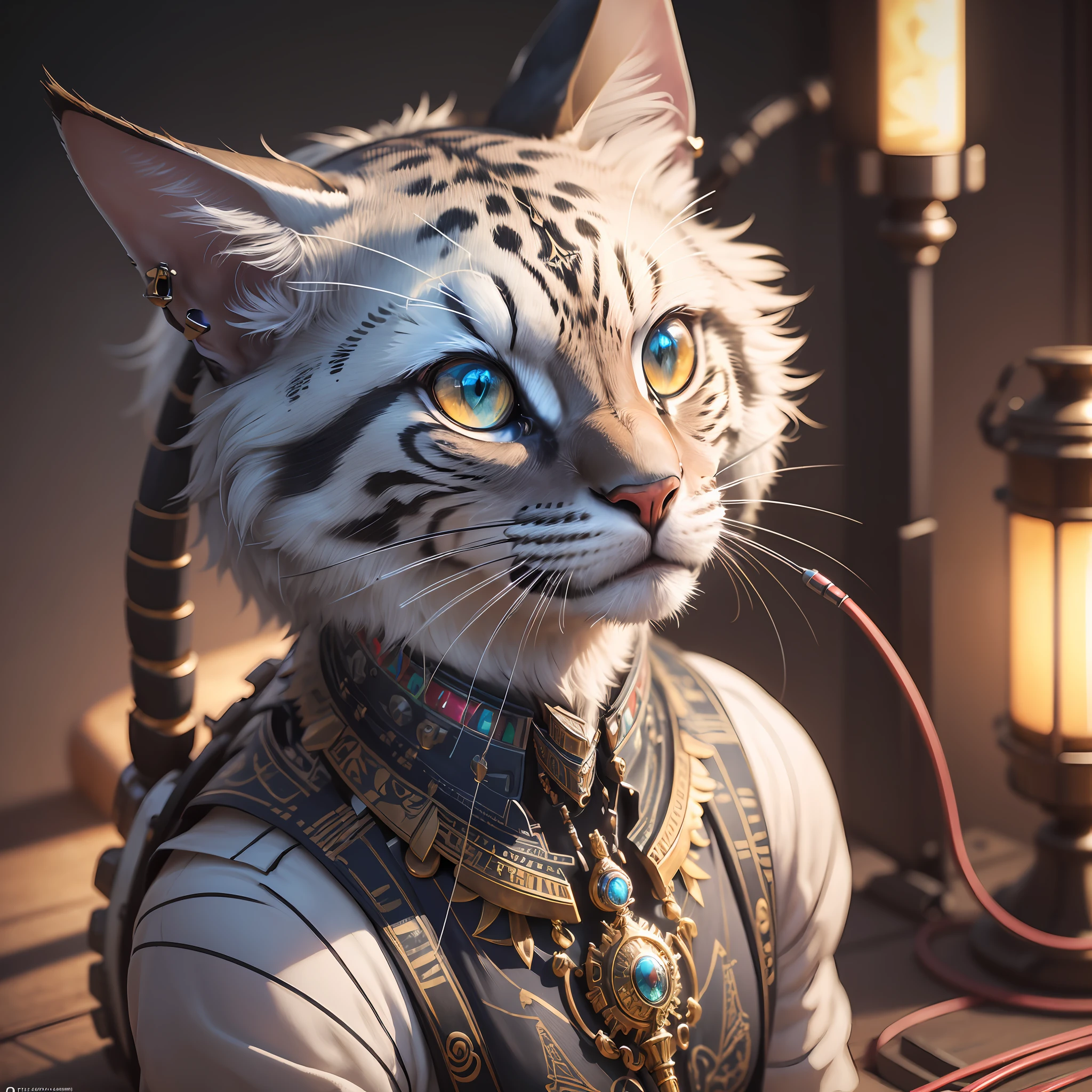 1Mechanical cat, (((ultra realistic details)), portrait, global lighting, shadows, octane render, 8k, ultra sharp, metal, intricate, detailed ornaments, cool colors, Egyptian detail, highly intricate details, realistic light, trend in cgsociety, bright eyes, front camera, neon details, mechanical limbs, blood vessels connected to tubes, mechanical vertebra attaching to the back, mechanical cervial attaching to the neck, sitting, wires and cables connecting to the head --auto --s2